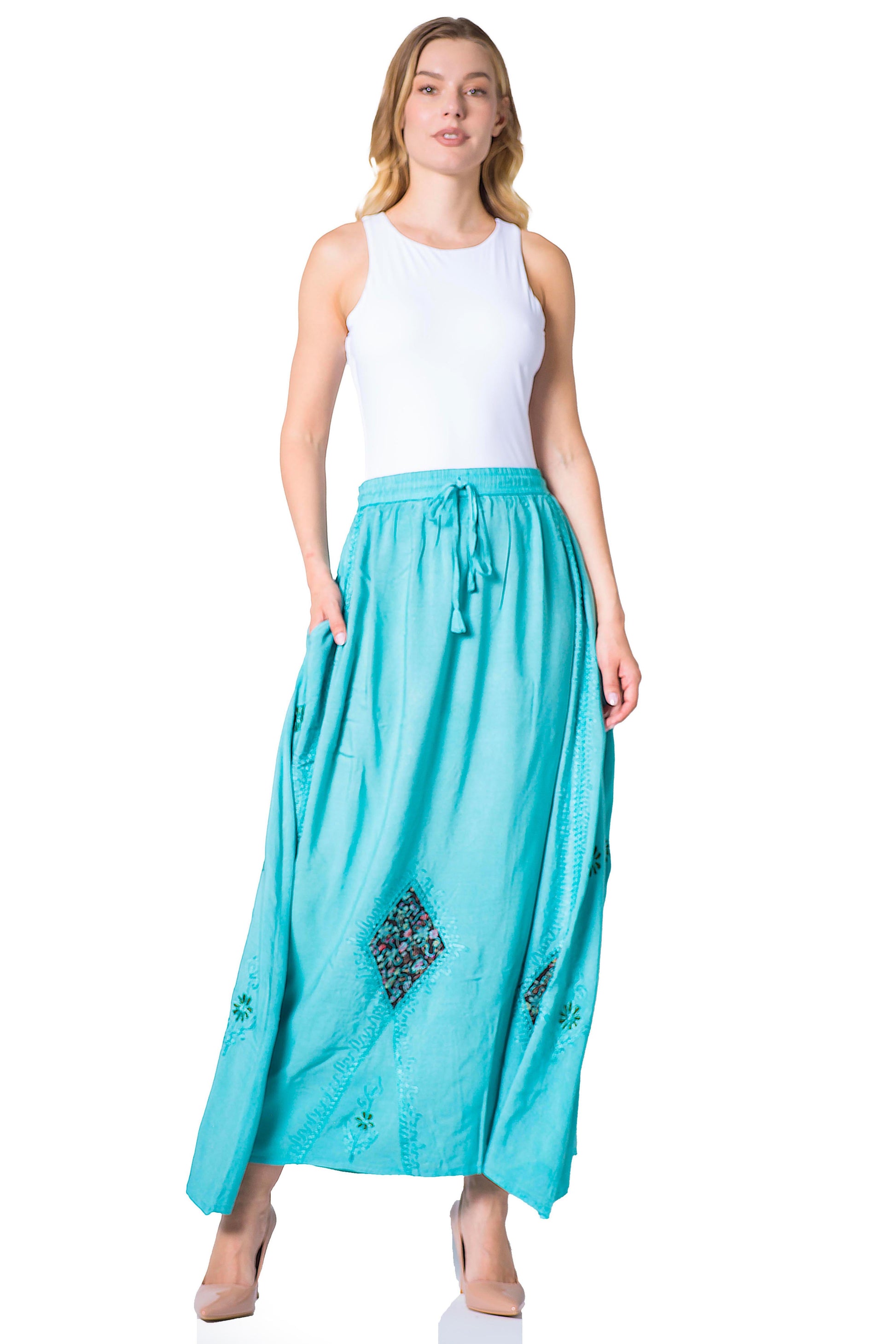 Sakkas Zarah Women's Boho Embroidery Gypsy Skirt with Lace Elastic Waist Pockets - Concordia Style Boutique