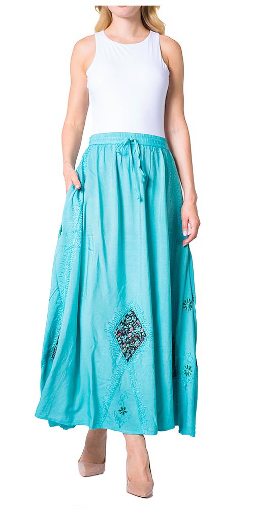 Sakkas Zarah Women's Boho Embroidery Gypsy Skirt with Lace Elastic Waist Pockets - Concordia Style Boutique