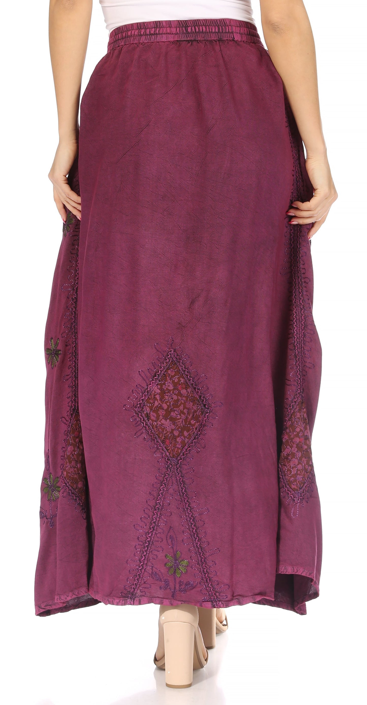 Sakkas Zarah Women's Boho Embroidery Gypsy Skirt with Lace Elastic Waist Pockets - Concordia Style Boutique