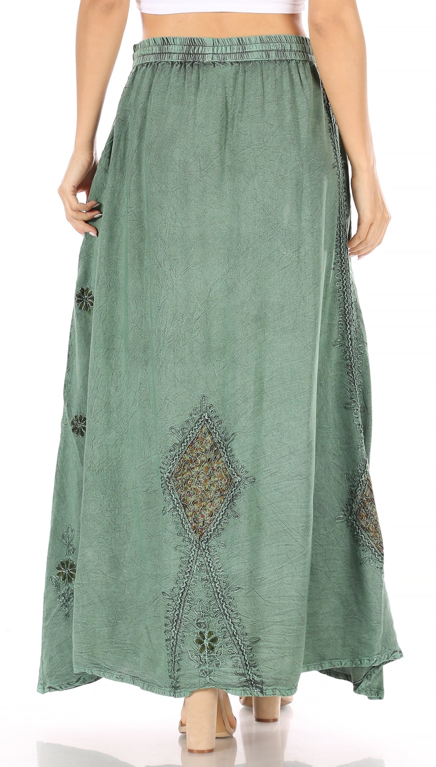Sakkas Zarah Women's Boho Embroidery Gypsy Skirt with Lace Elastic Waist Pockets - Concordia Style Boutique