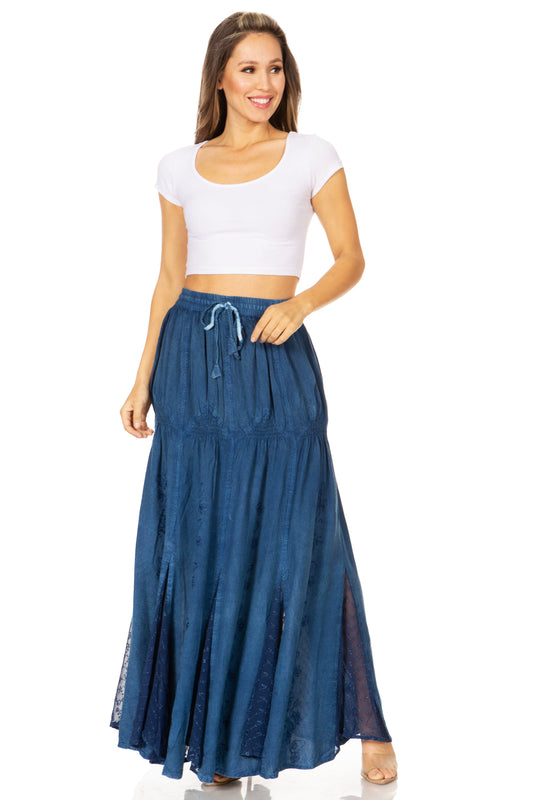 Sakkas Olivia Womens Maxi Bohemian Gypsy Long Skirt With Elastic Waist and Lace - Concordia Style Boutique