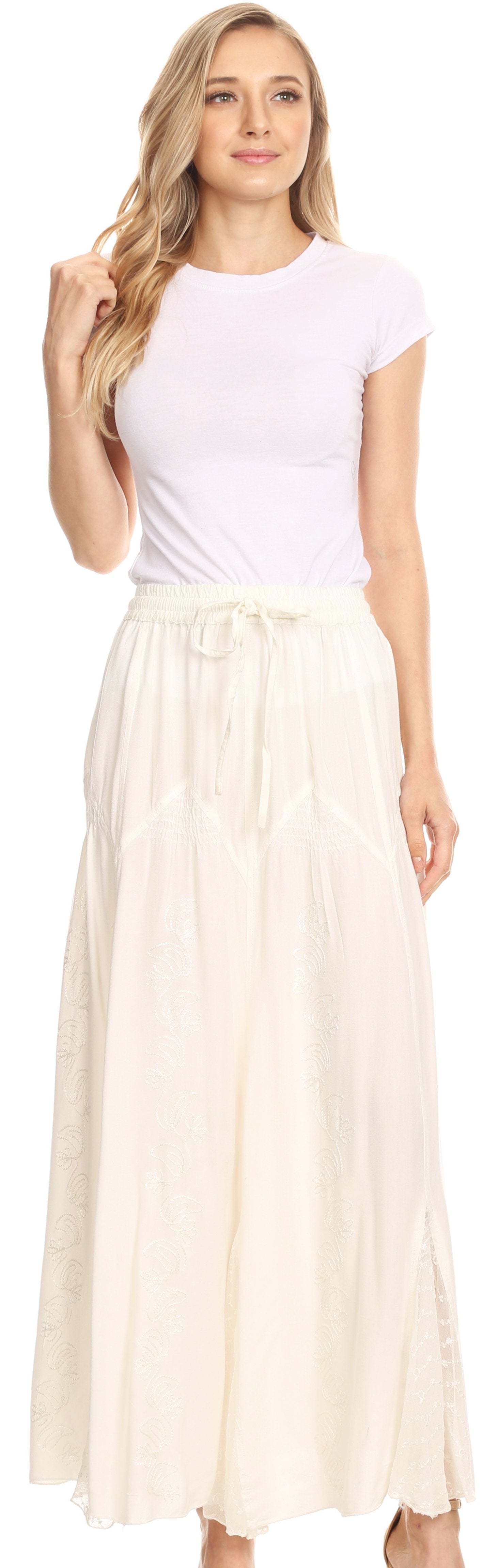 Sakkas Olivia Womens Maxi Bohemian Gypsy Long Skirt With Elastic Waist and Lace - Concordia Style Boutique