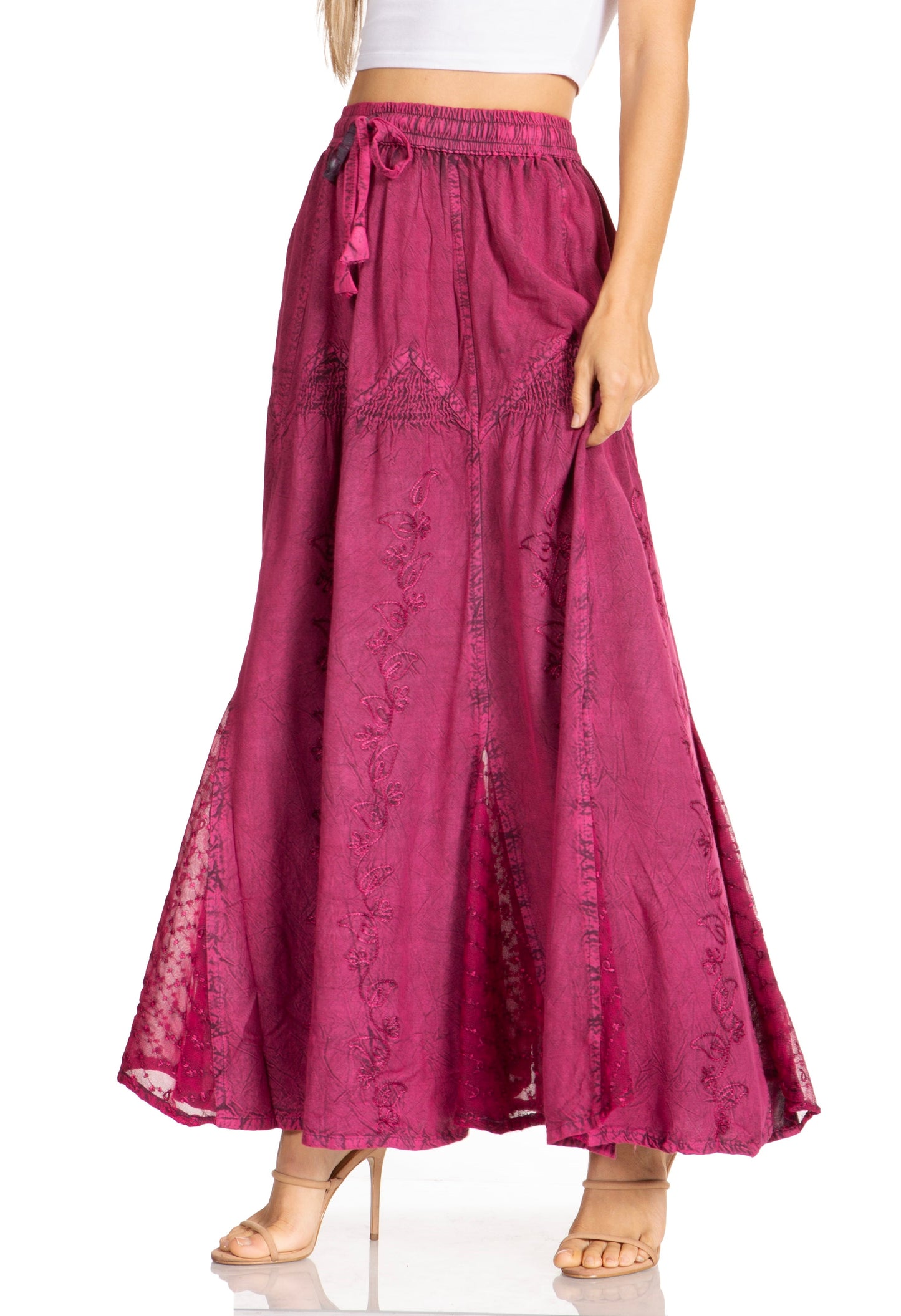 Sakkas Olivia Womens Maxi Bohemian Gypsy Long Skirt With Elastic Waist and Lace - Concordia Style Boutique