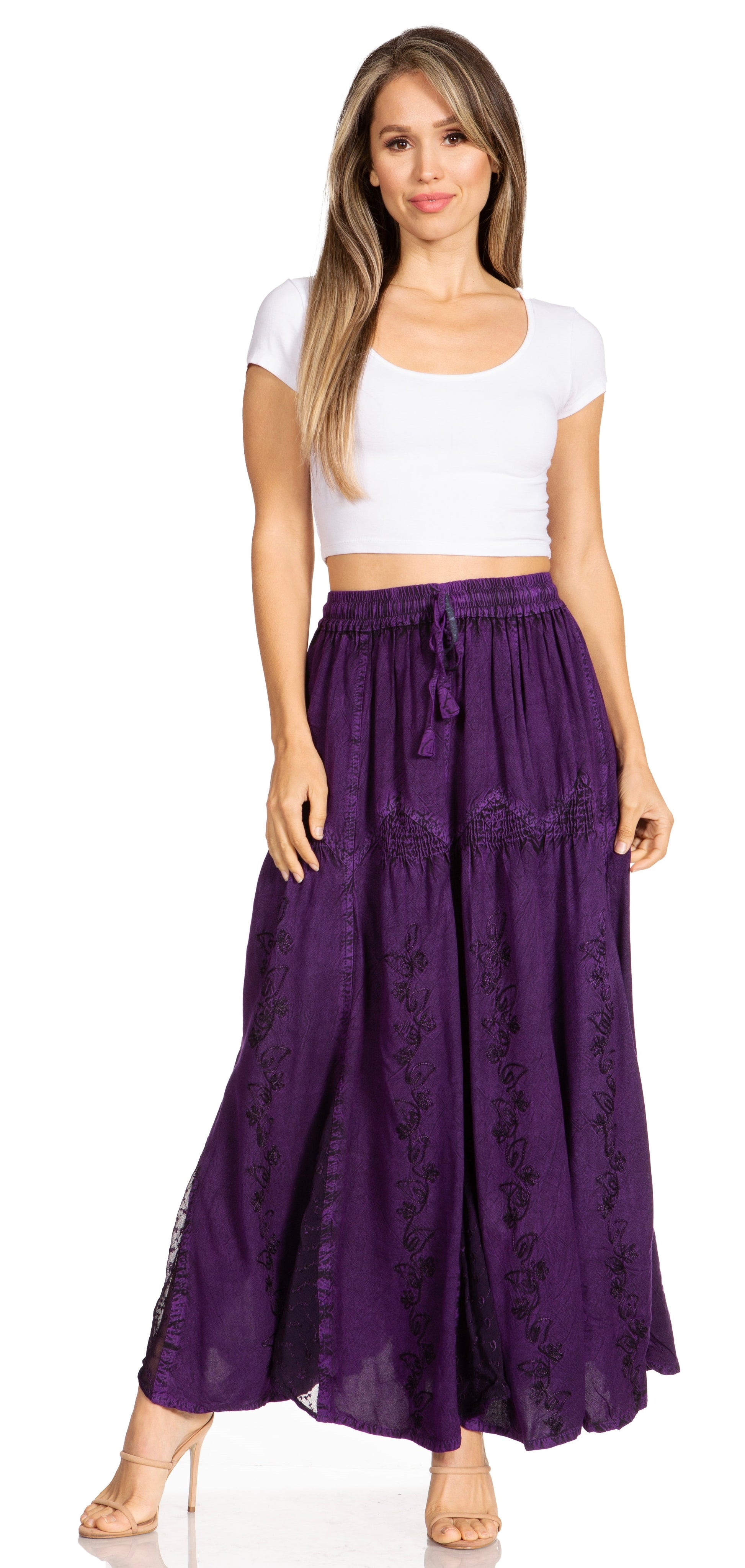 Sakkas Olivia Womens Maxi Bohemian Gypsy Long Skirt With Elastic Waist and Lace - Concordia Style Boutique