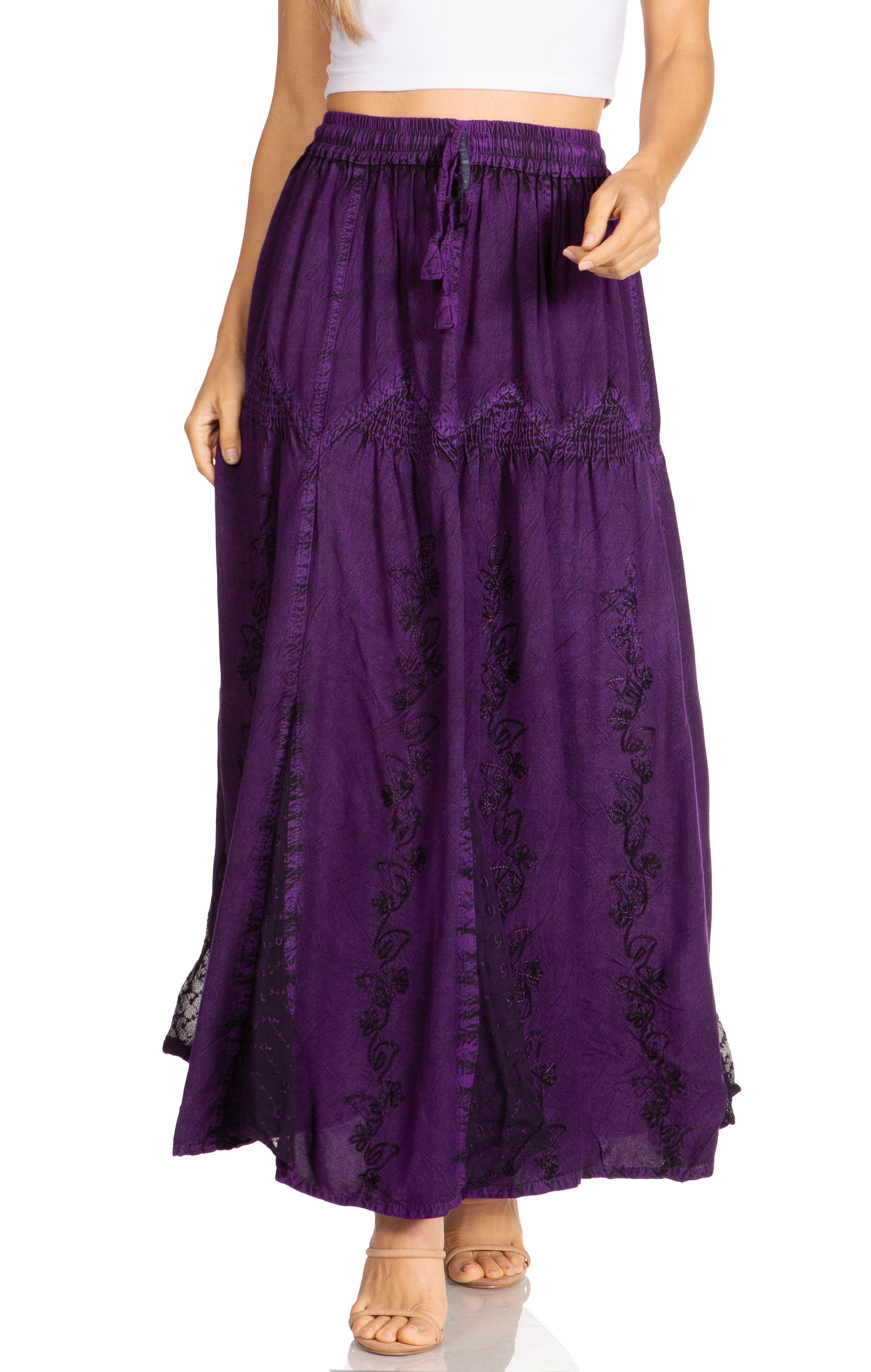 Sakkas Olivia Womens Maxi Bohemian Gypsy Long Skirt With Elastic Waist and Lace - Concordia Style Boutique