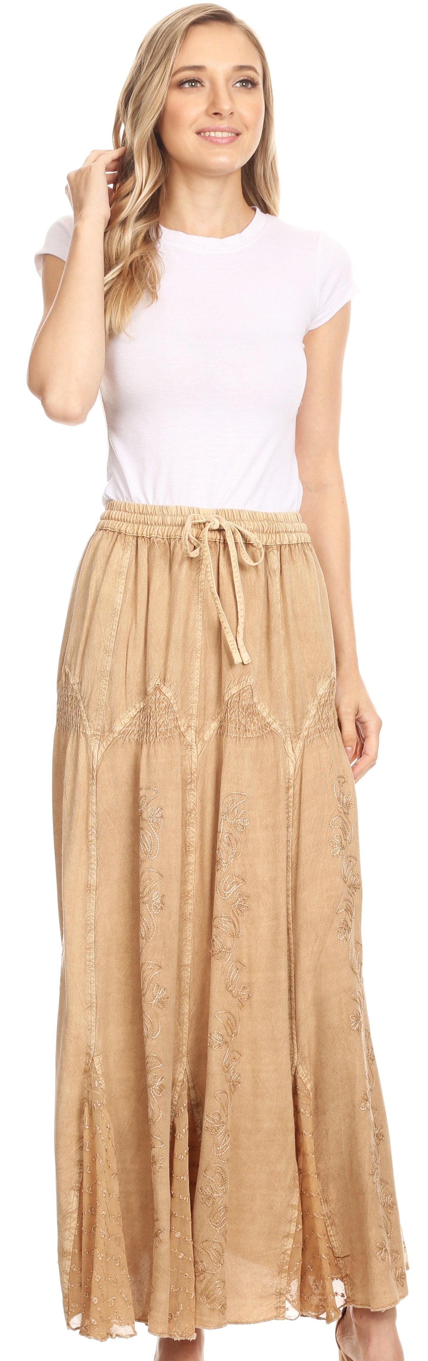 Sakkas Olivia Womens Maxi Bohemian Gypsy Long Skirt With Elastic Waist and Lace - Concordia Style Boutique