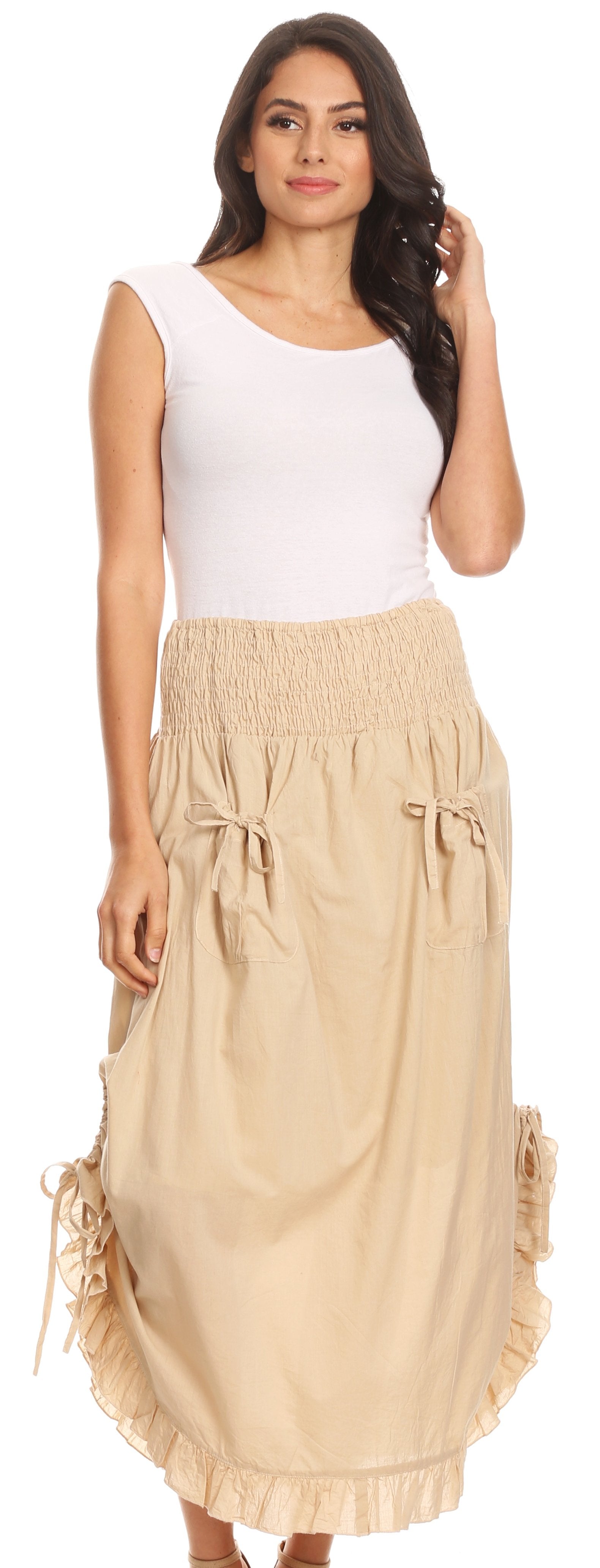 Sakkas Coco Long Cotton Ruffle Skirt with Pockets and Elastic Waistband - Concordia Style Boutique
