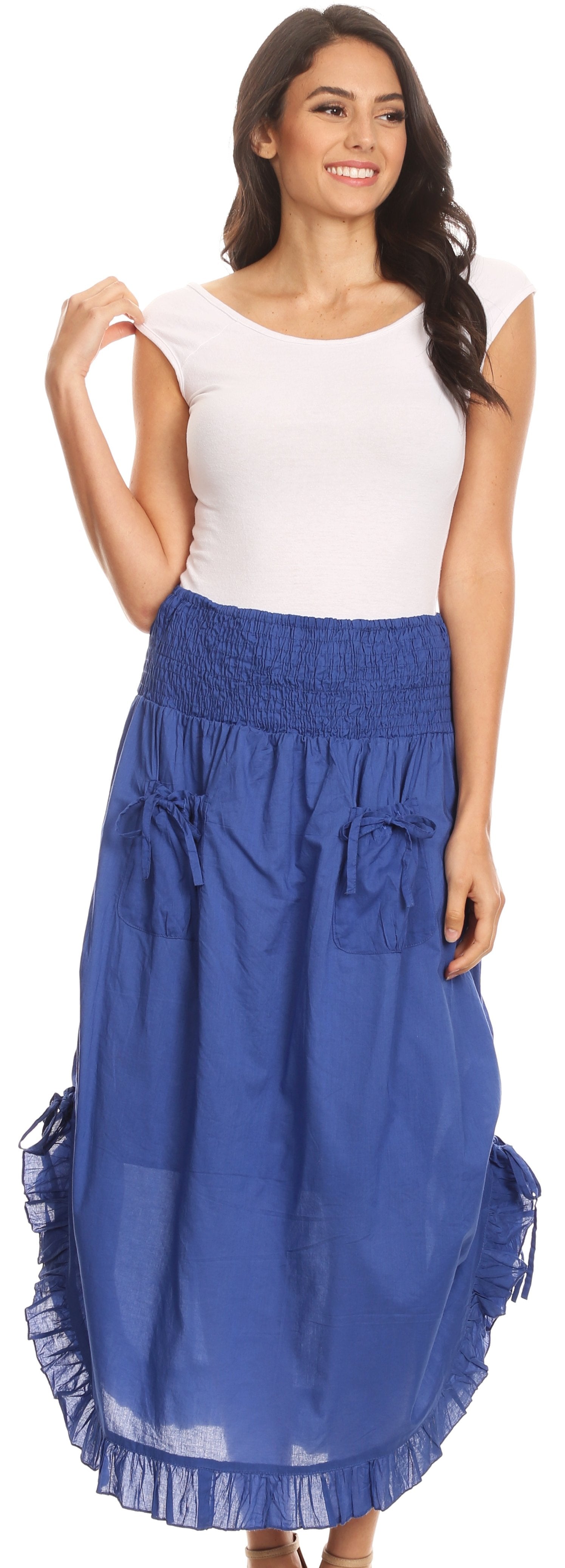 Sakkas Coco Long Cotton Ruffle Skirt with Pockets and Elastic Waistband - Concordia Style Boutique