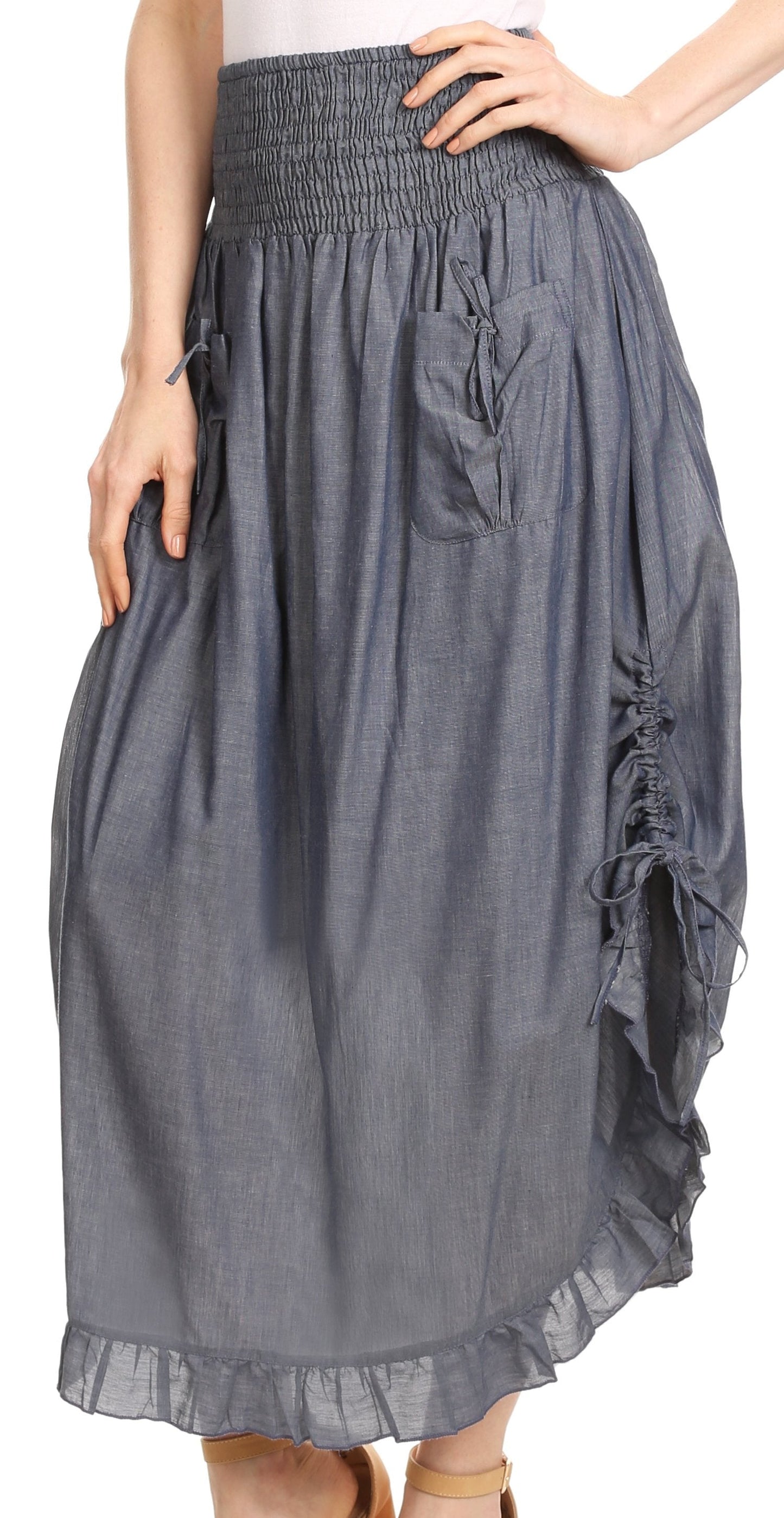 Sakkas Coco Long Cotton Ruffle Skirt with Pockets and Elastic Waistband - Concordia Style Boutique