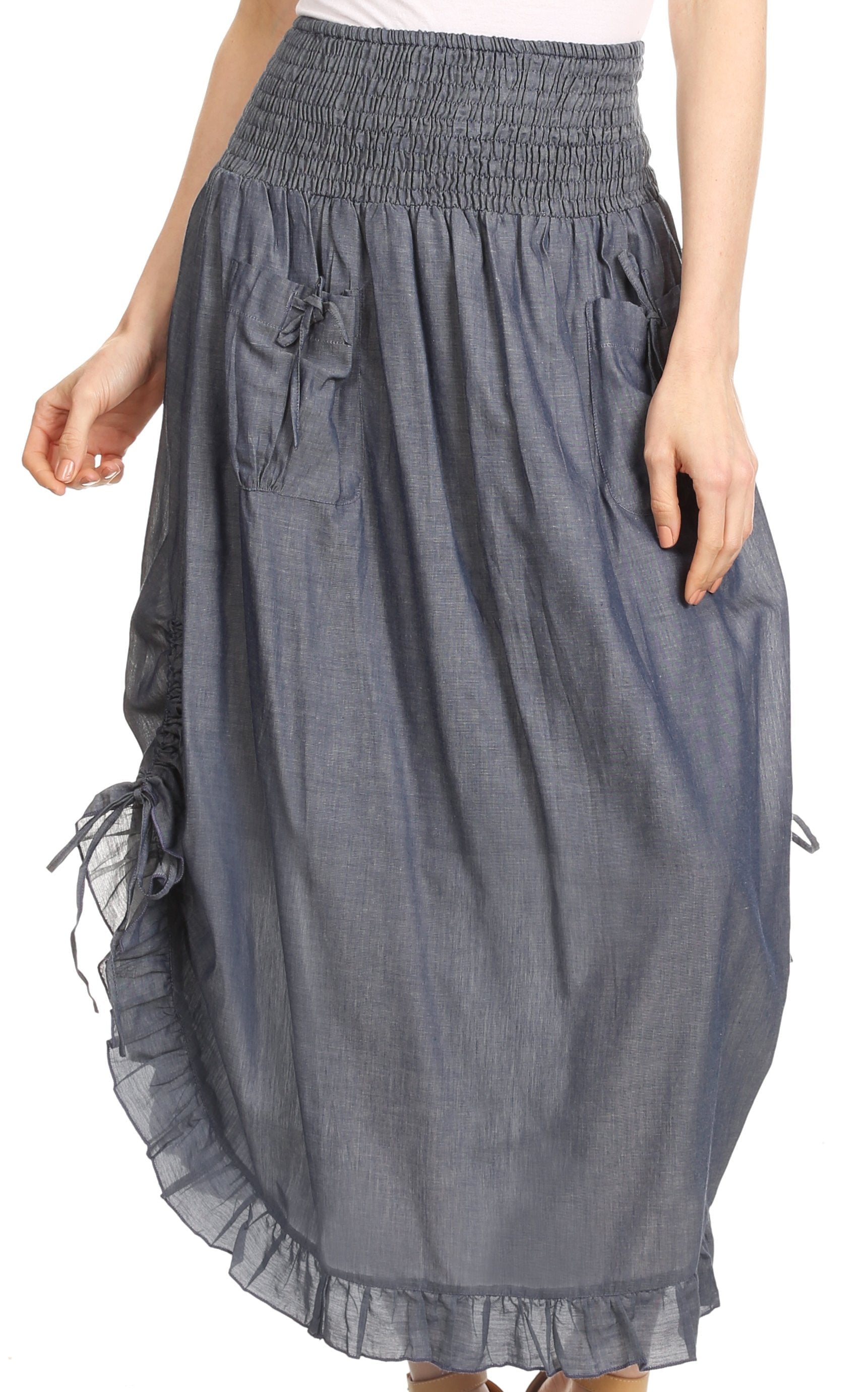 Sakkas Coco Long Cotton Ruffle Skirt with Pockets and Elastic Waistband - Concordia Style Boutique