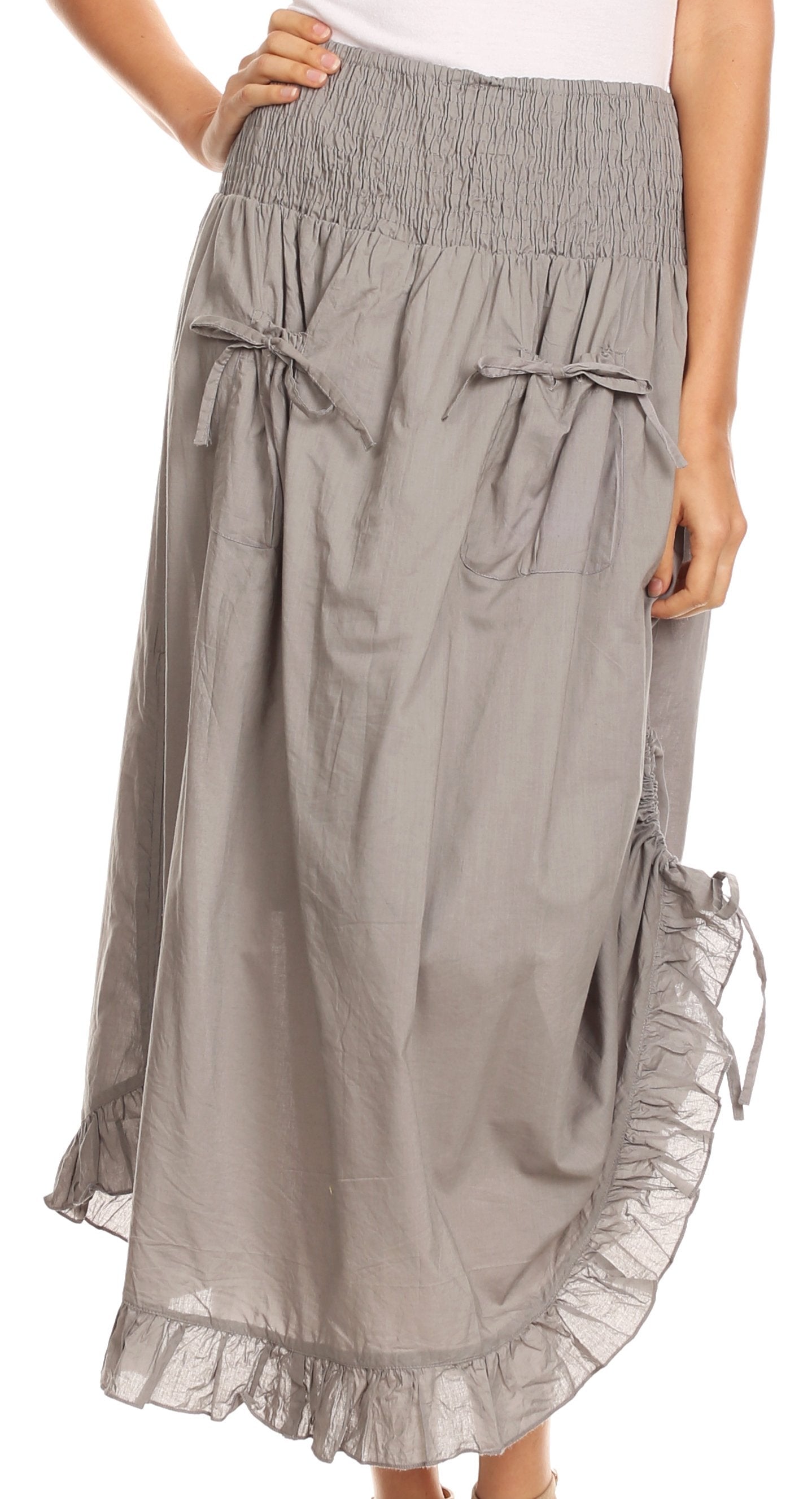 Sakkas Coco Long Cotton Ruffle Skirt with Pockets and Elastic Waistband - Concordia Style Boutique
