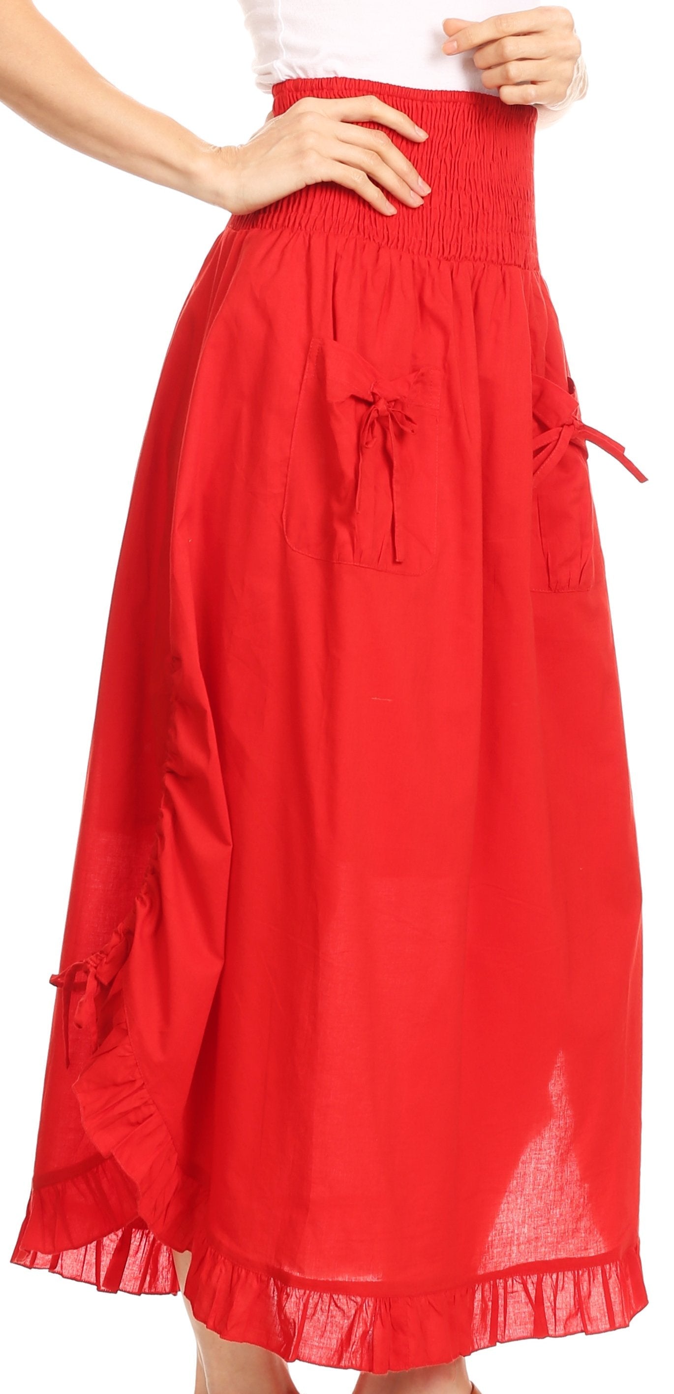 Sakkas Coco Long Cotton Ruffle Skirt with Pockets and Elastic Waistband - Concordia Style Boutique
