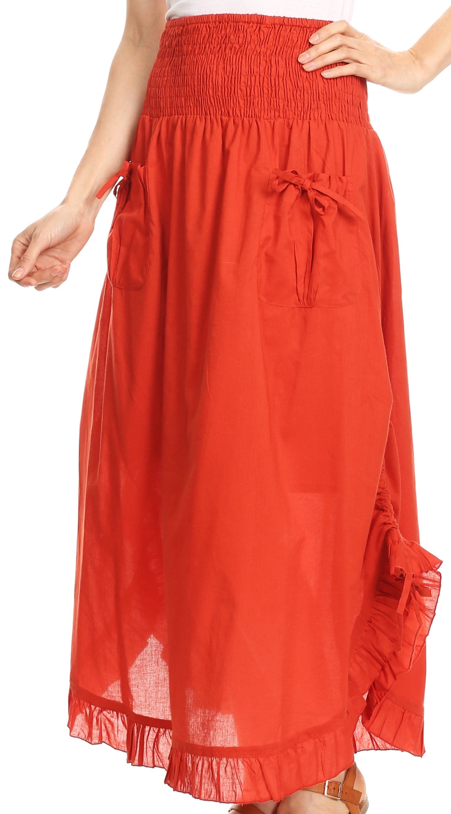 Sakkas Coco Long Cotton Ruffle Skirt with Pockets and Elastic Waistband - Concordia Style Boutique