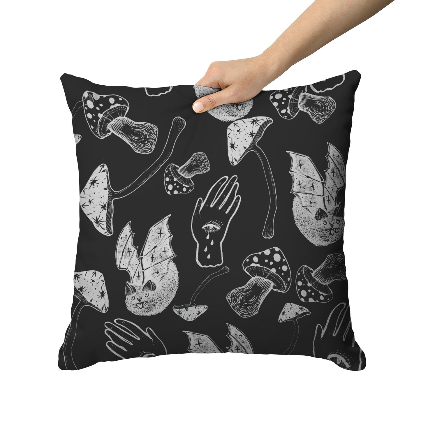 "Spooky Spells, Bats, and Mushrooms" Throw Pillow