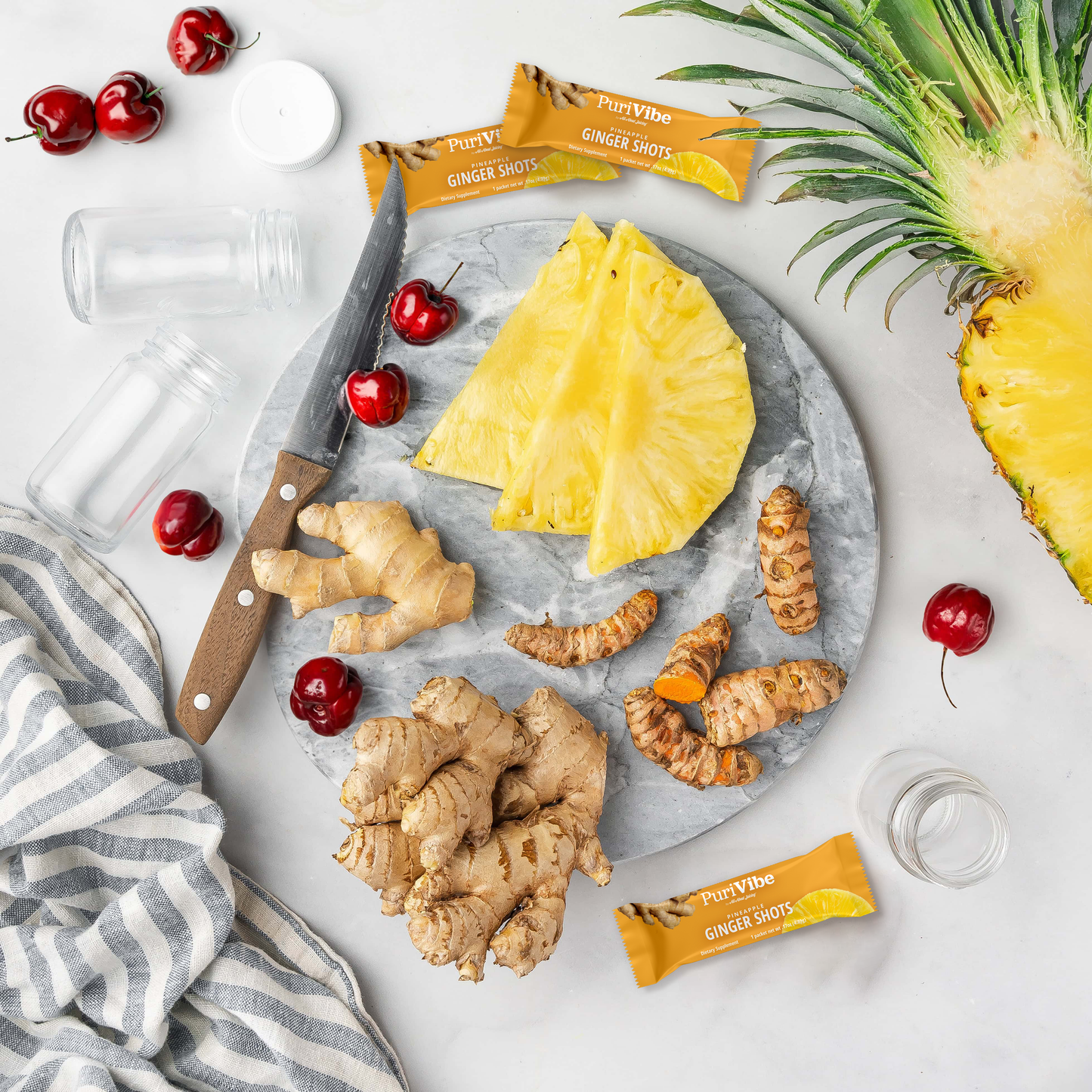 PuriVibe Pineapple Ginger Shot - Superfood Juice Powder, Wellness Shots Supplement - Supports Immunity & Digestion - Stick Packs