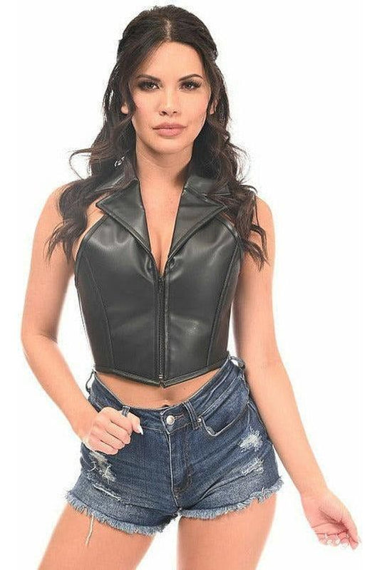 Top Drawer Black Faux Leather Steel Boned Collared Bustier Top