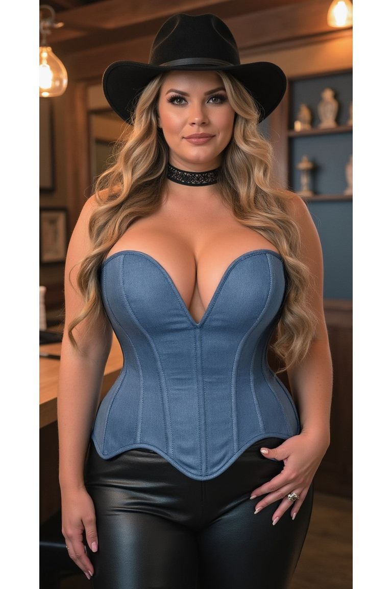 Top Drawer Steel Boned Blue Denim Plunge Neckline Overbust Corset