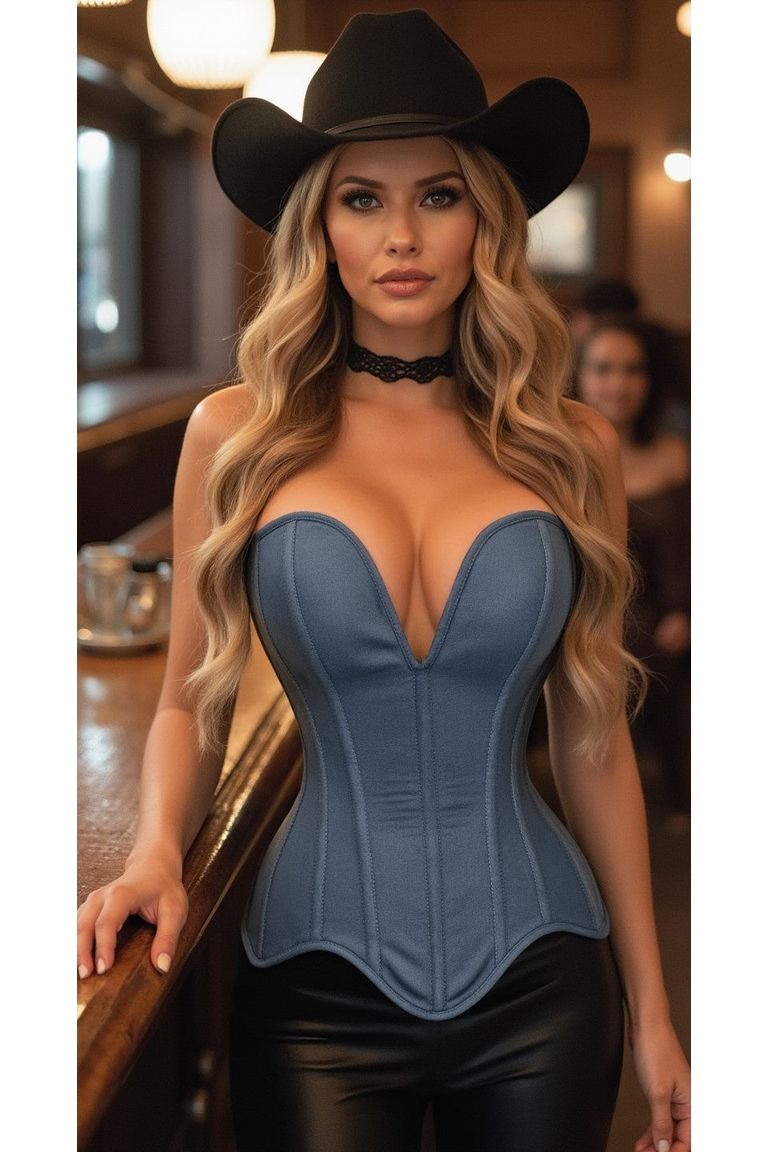 Top Drawer Steel Boned Blue Denim Plunge Neckline Overbust Corset