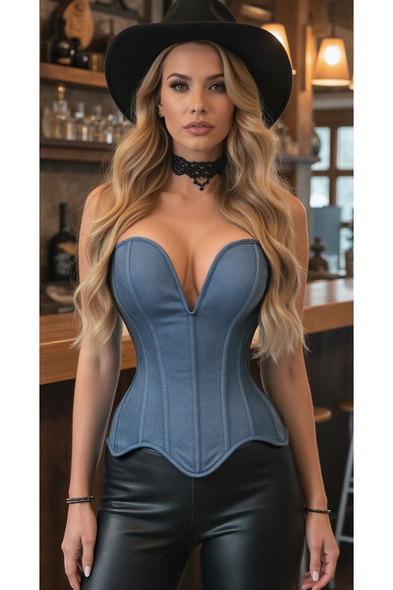Top Drawer Steel Boned Blue Denim Plunge Neckline Overbust Corset