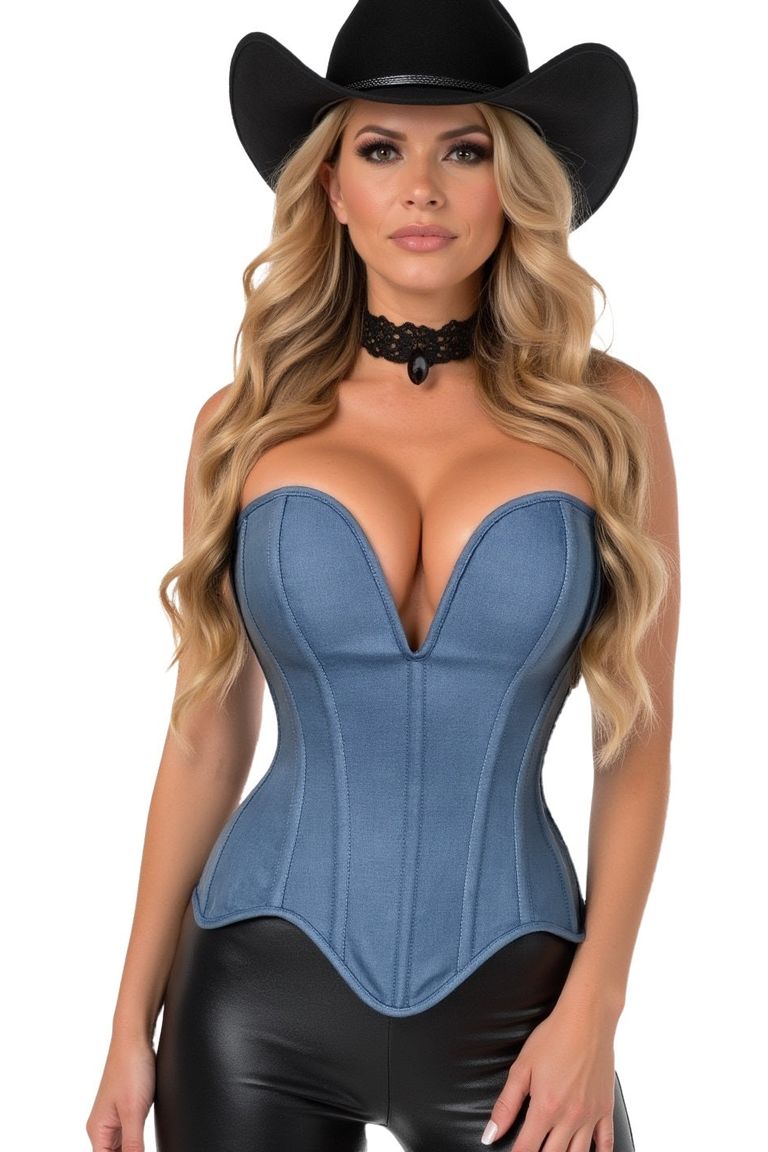 Top Drawer Steel Boned Blue Denim Plunge Neckline Overbust Corset