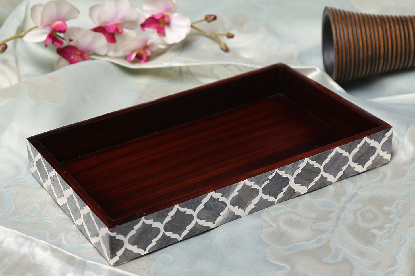 Vanity Trays Moroccan Pattern Bone & Resin Inlay Collection in 10x6, Grey & White - Concordia Style Boutique