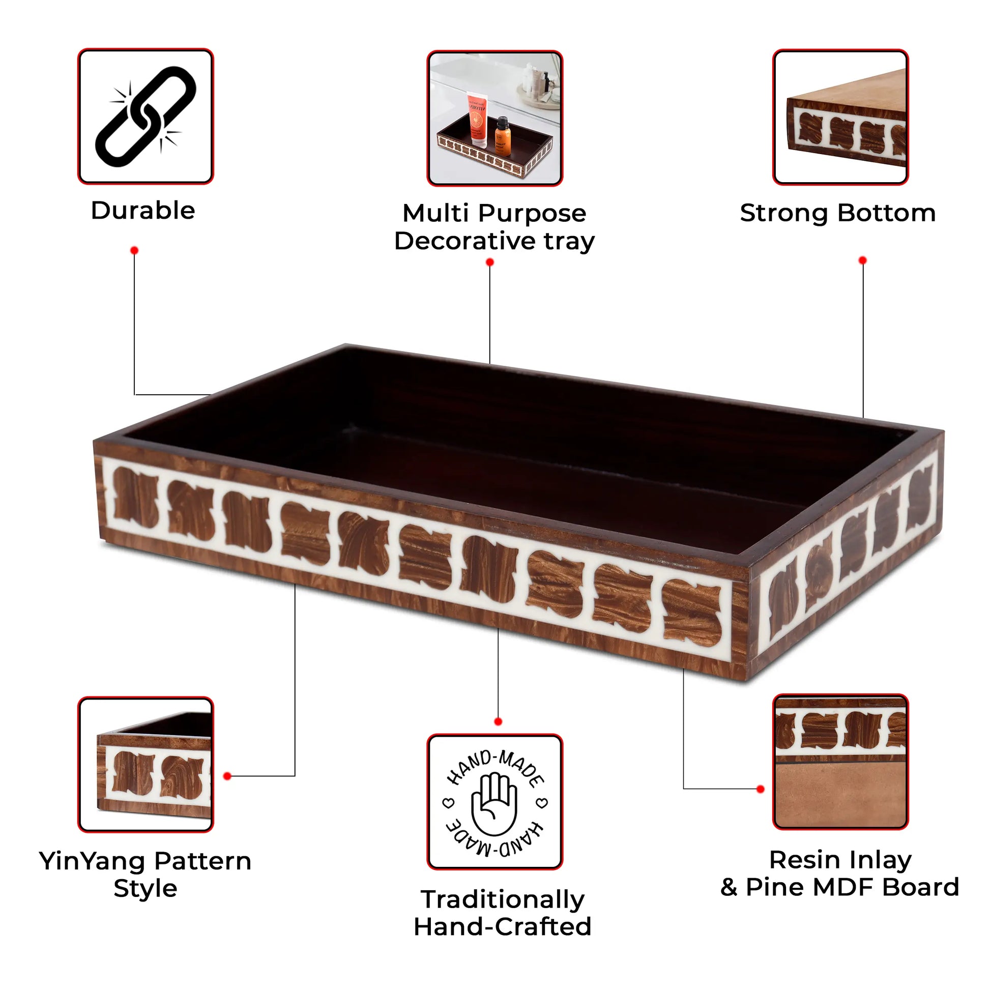 Vanity Tray Illusion Yinyang Pattern Resin Inlay Collection in 10x6, Brown - Concordia Style Boutique