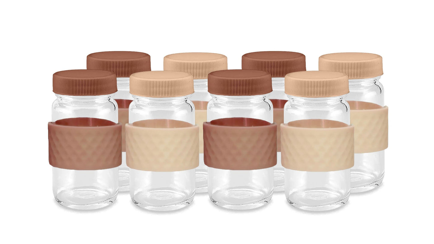 Glass Juice Shot Bottles Set w/ Colored Lids & Grip Bands, 8 Pack Set, 2oz