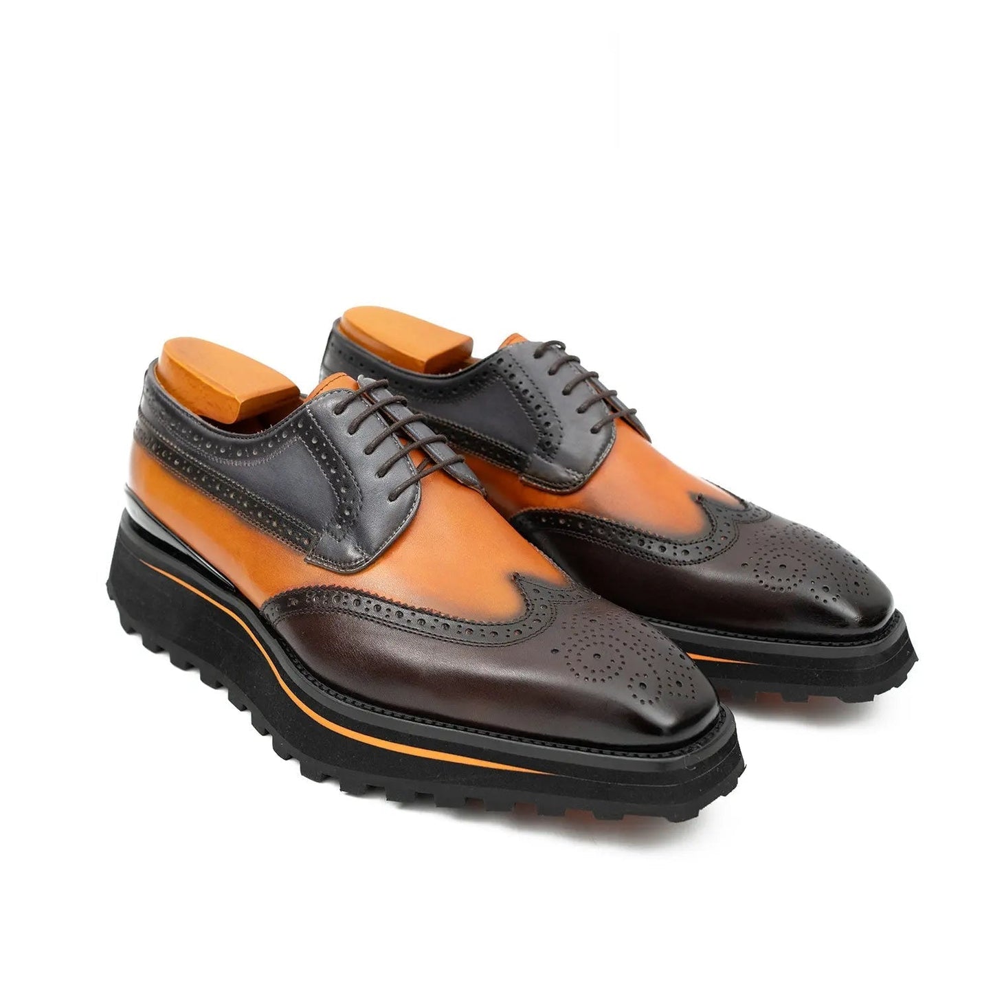 Thick-soled calfskin formal brogue derby shoes Blue