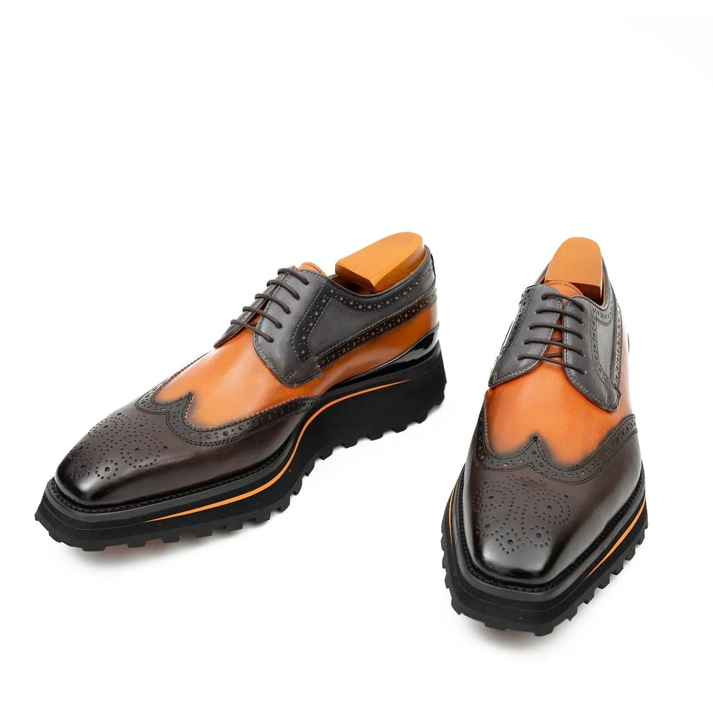 Thick-soled calfskin formal brogue derby shoes Blue