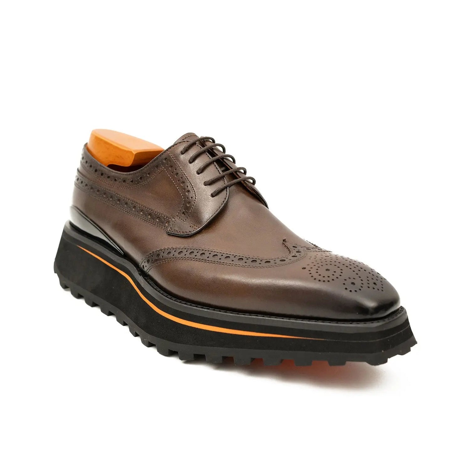 Thick-soled calfskin formal brogue derby shoes coffee