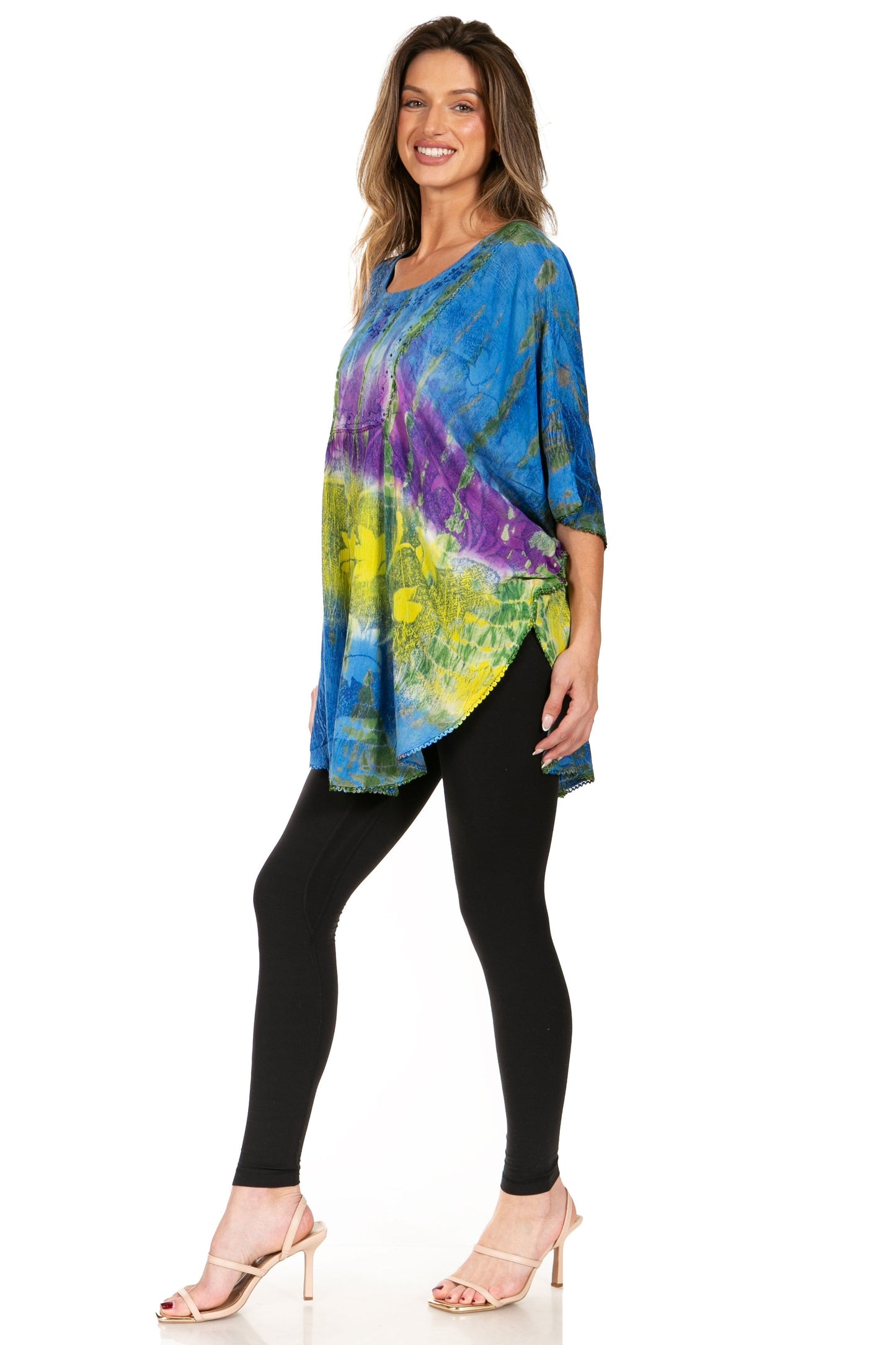 Sakkas Ellesa Ombre Tie Dye Circle Poncho Blouse Shirt Top With Sequin Embroidery - Concordia Style Boutique
