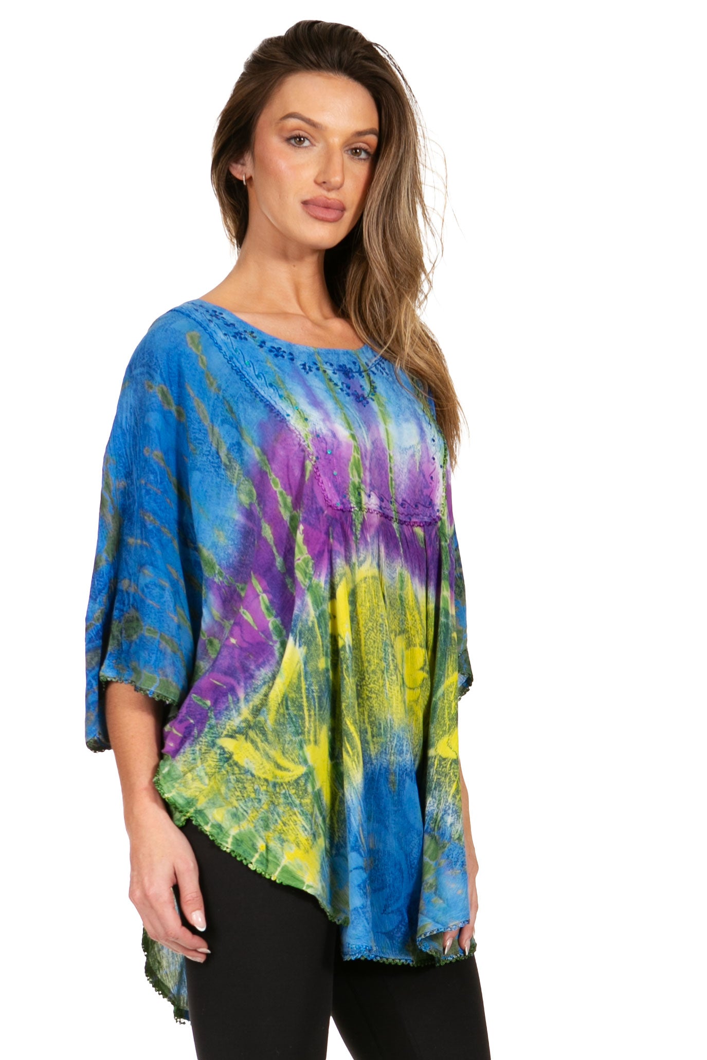 Sakkas Ellesa Ombre Tie Dye Circle Poncho Blouse Shirt Top With Sequin Embroidery - Concordia Style Boutique