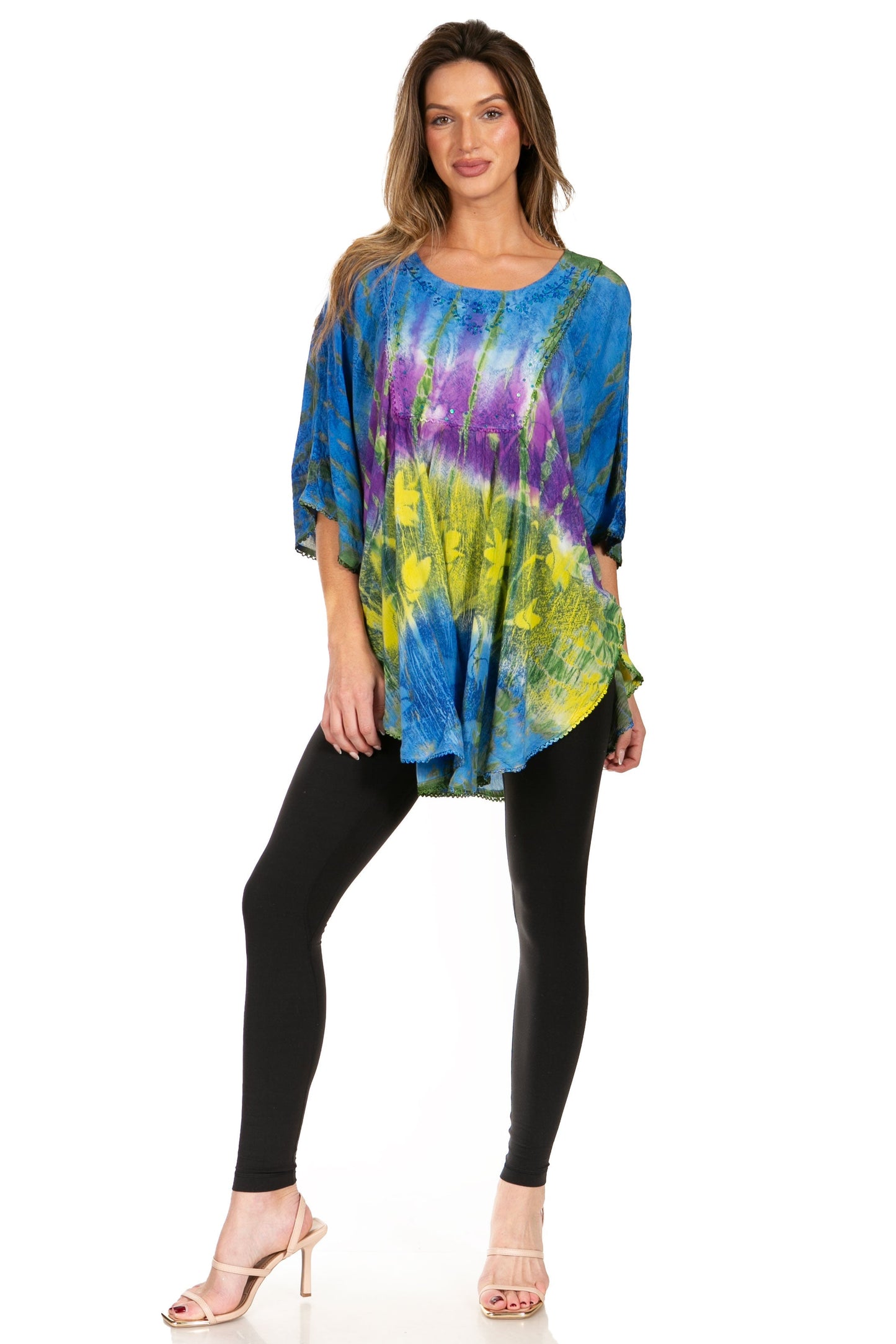 Sakkas Ellesa Ombre Tie Dye Circle Poncho Blouse Shirt Top With Sequin Embroidery - Concordia Style Boutique
