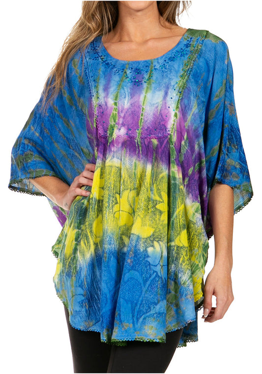 Sakkas Ellesa Ombre Tie Dye Circle Poncho Blouse Shirt Top With Sequin Embroidery - Concordia Style Boutique