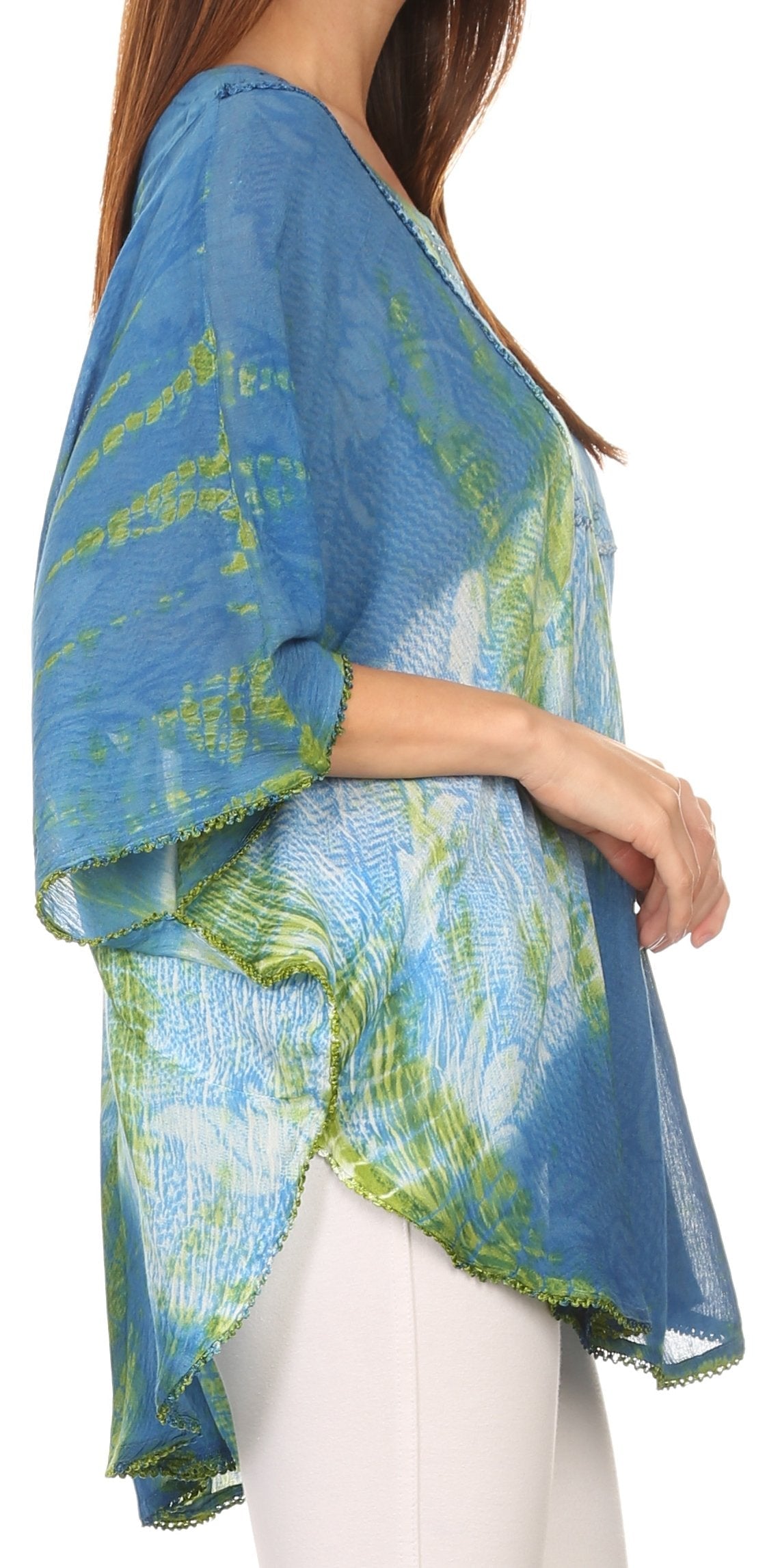Sakkas Ellesa Ombre Tie Dye Circle Poncho Blouse Shirt Top With Sequin Embroidery - Concordia Style Boutique