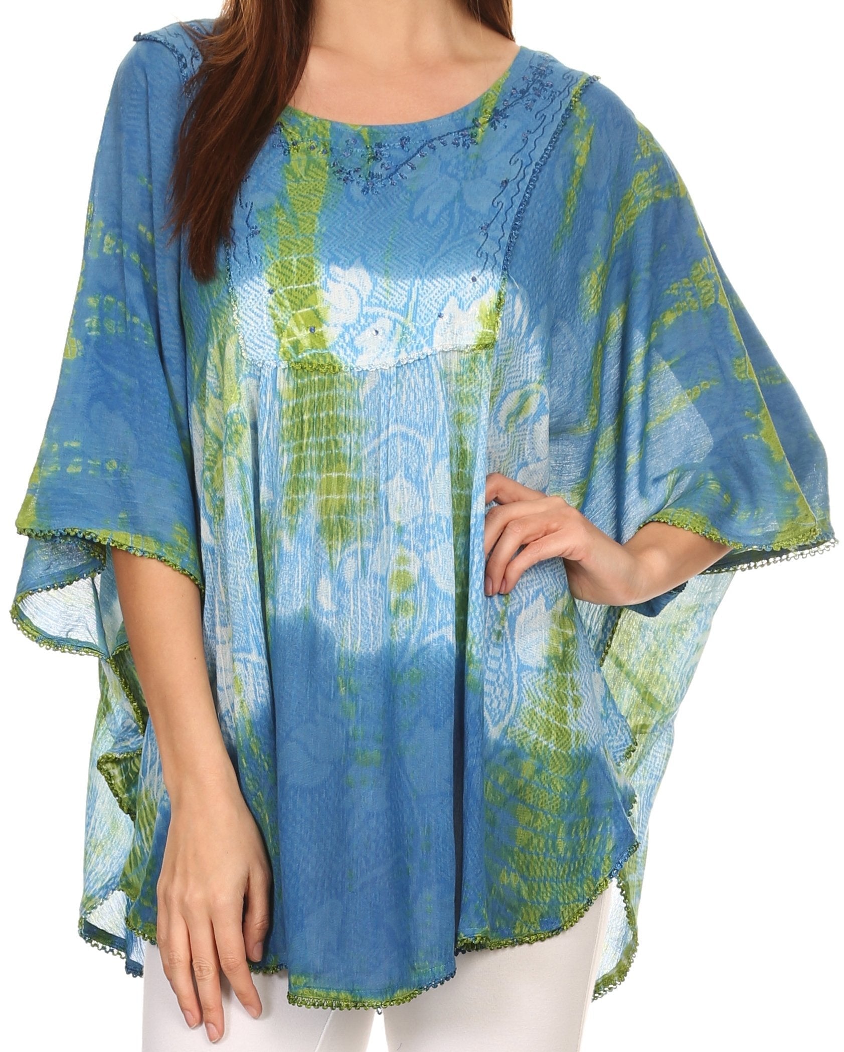 Sakkas Ellesa Ombre Tie Dye Circle Poncho Blouse Shirt Top With Sequin Embroidery - Concordia Style Boutique