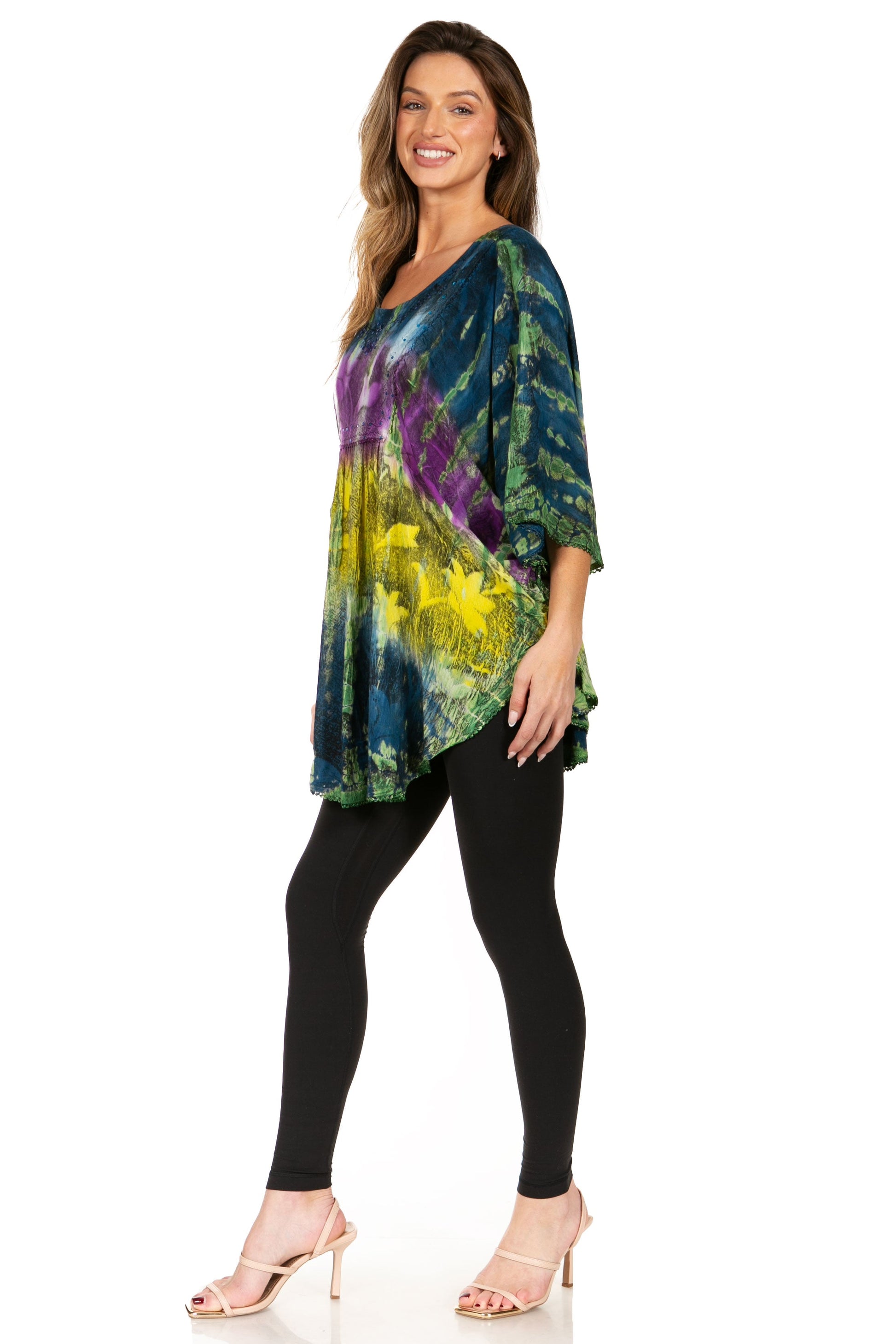 Sakkas Ellesa Ombre Tie Dye Circle Poncho Blouse Shirt Top With Sequin Embroidery - Concordia Style Boutique