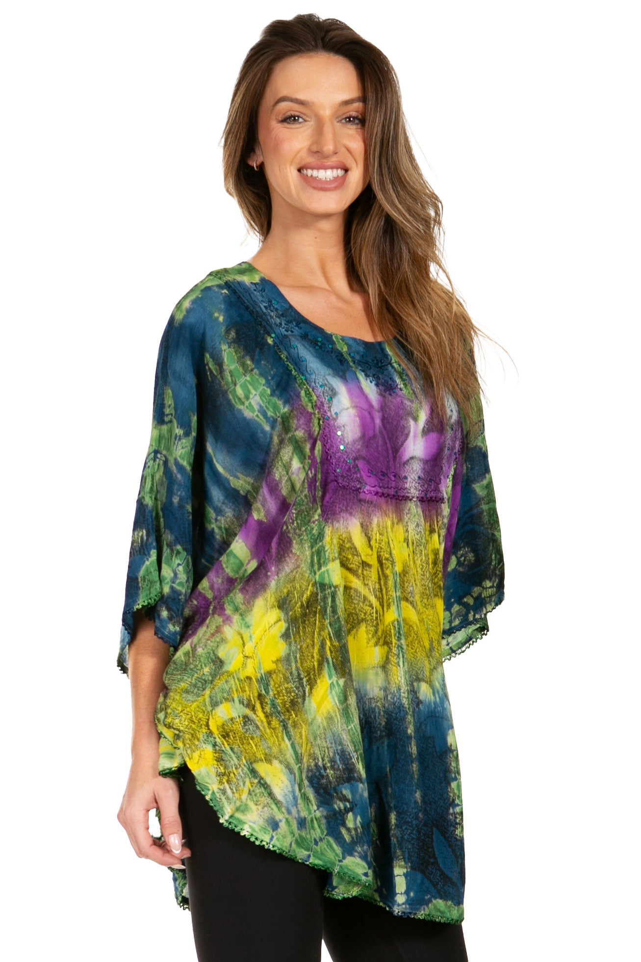 Sakkas Ellesa Ombre Tie Dye Circle Poncho Blouse Shirt Top With Sequin Embroidery - Concordia Style Boutique