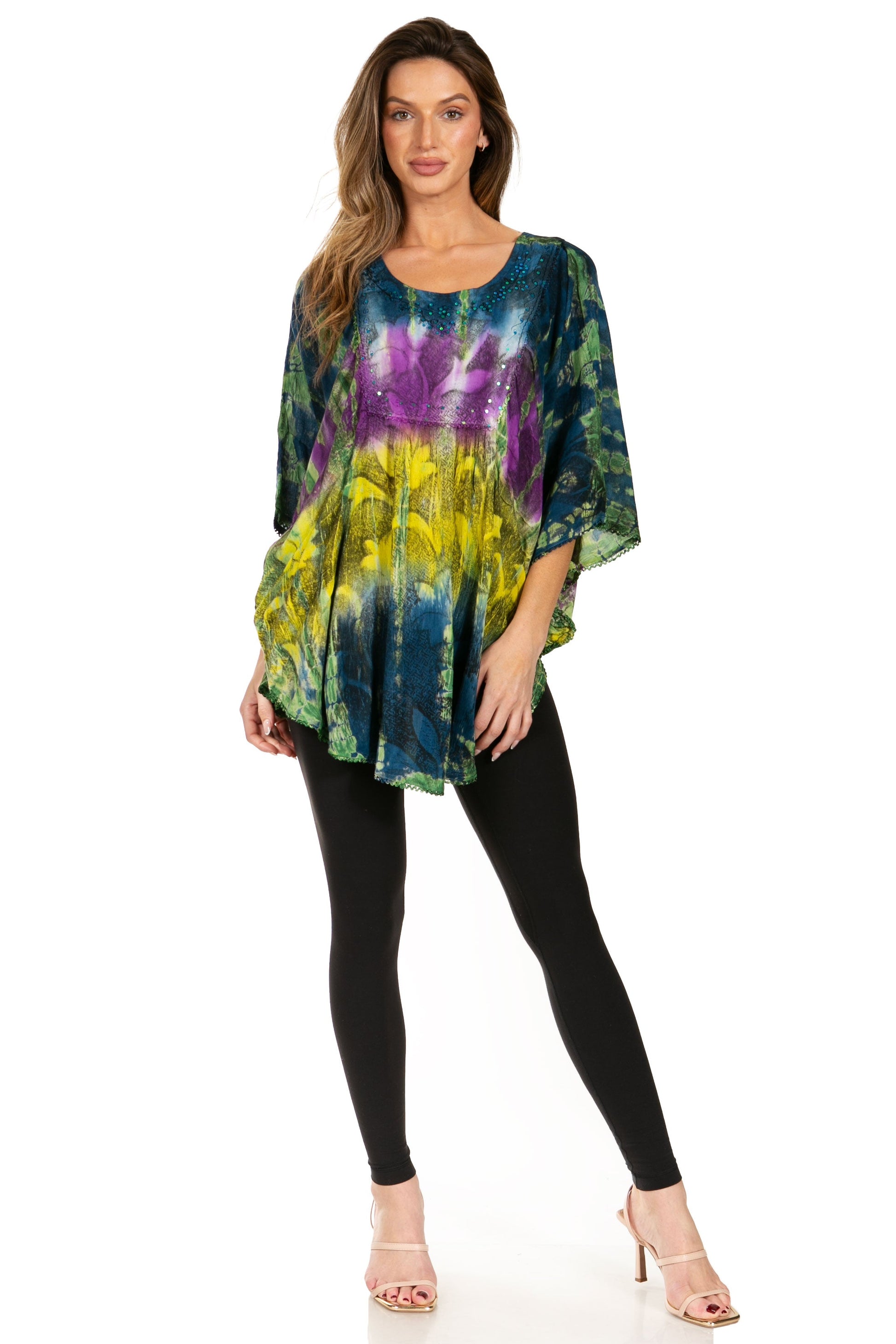 Sakkas Ellesa Ombre Tie Dye Circle Poncho Blouse Shirt Top With Sequin Embroidery - Concordia Style Boutique