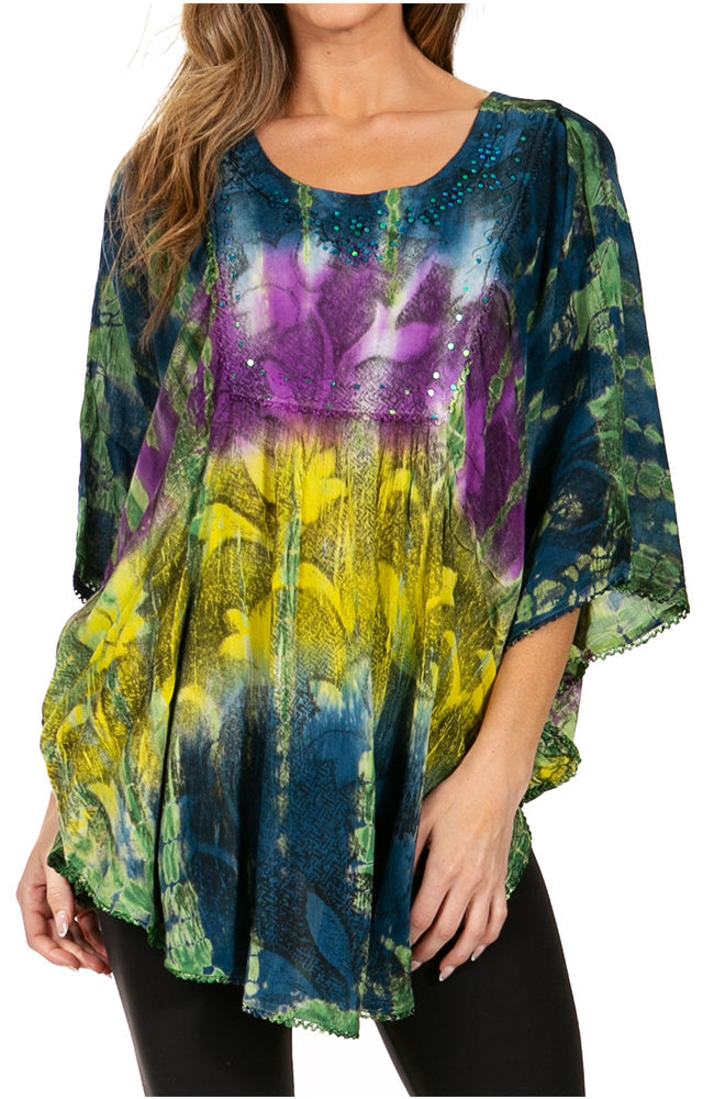 Sakkas Ellesa Ombre Tie Dye Circle Poncho Blouse Shirt Top With Sequin Embroidery - Concordia Style Boutique