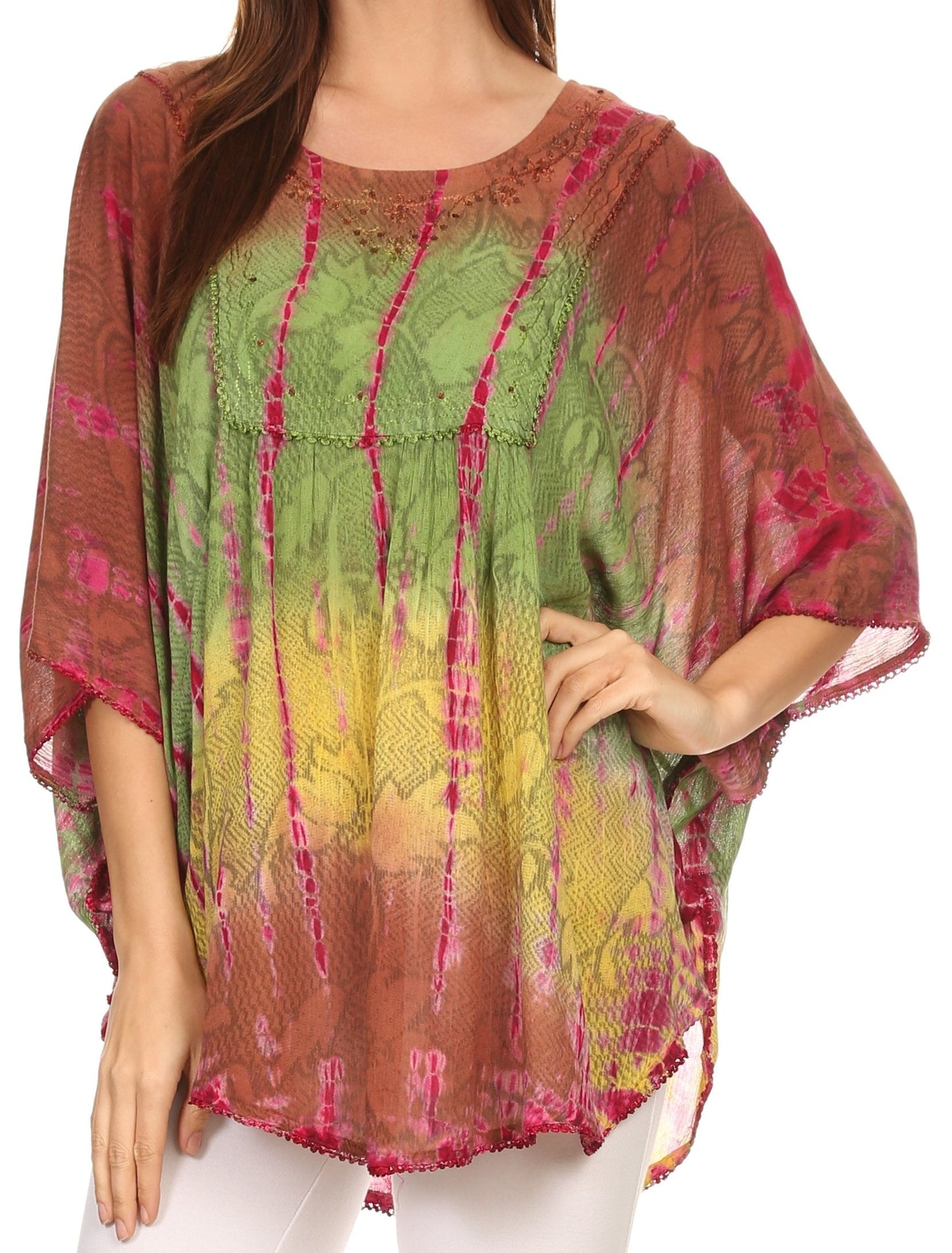 Sakkas Ellesa Ombre Tie Dye Circle Poncho Blouse Shirt Top With Sequin Embroidery - Concordia Style Boutique