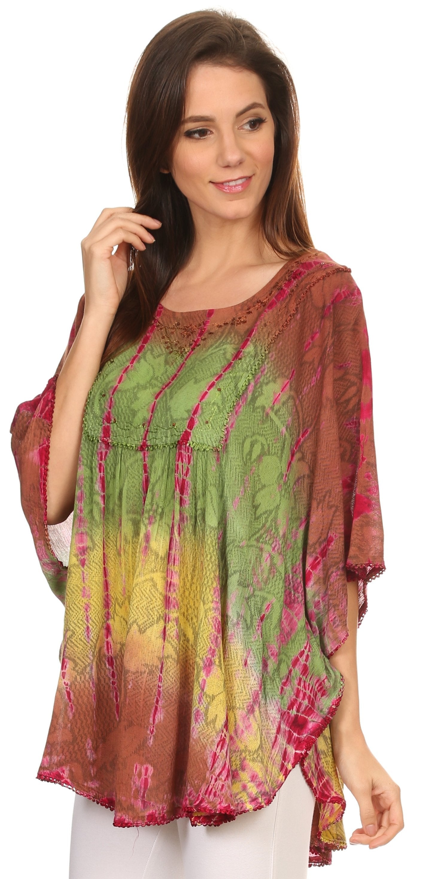 Sakkas Ellesa Ombre Tie Dye Circle Poncho Blouse Shirt Top With Sequin Embroidery - Concordia Style Boutique
