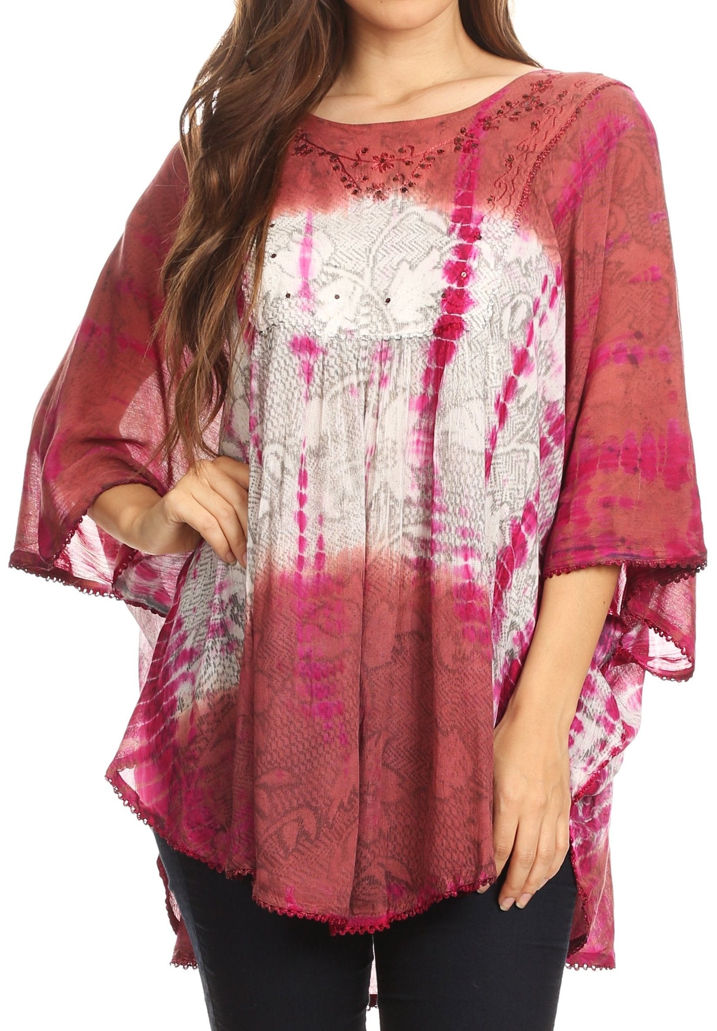 Sakkas Ellesa Ombre Tie Dye Circle Poncho Blouse Shirt Top With Sequin Embroidery - Concordia Style Boutique