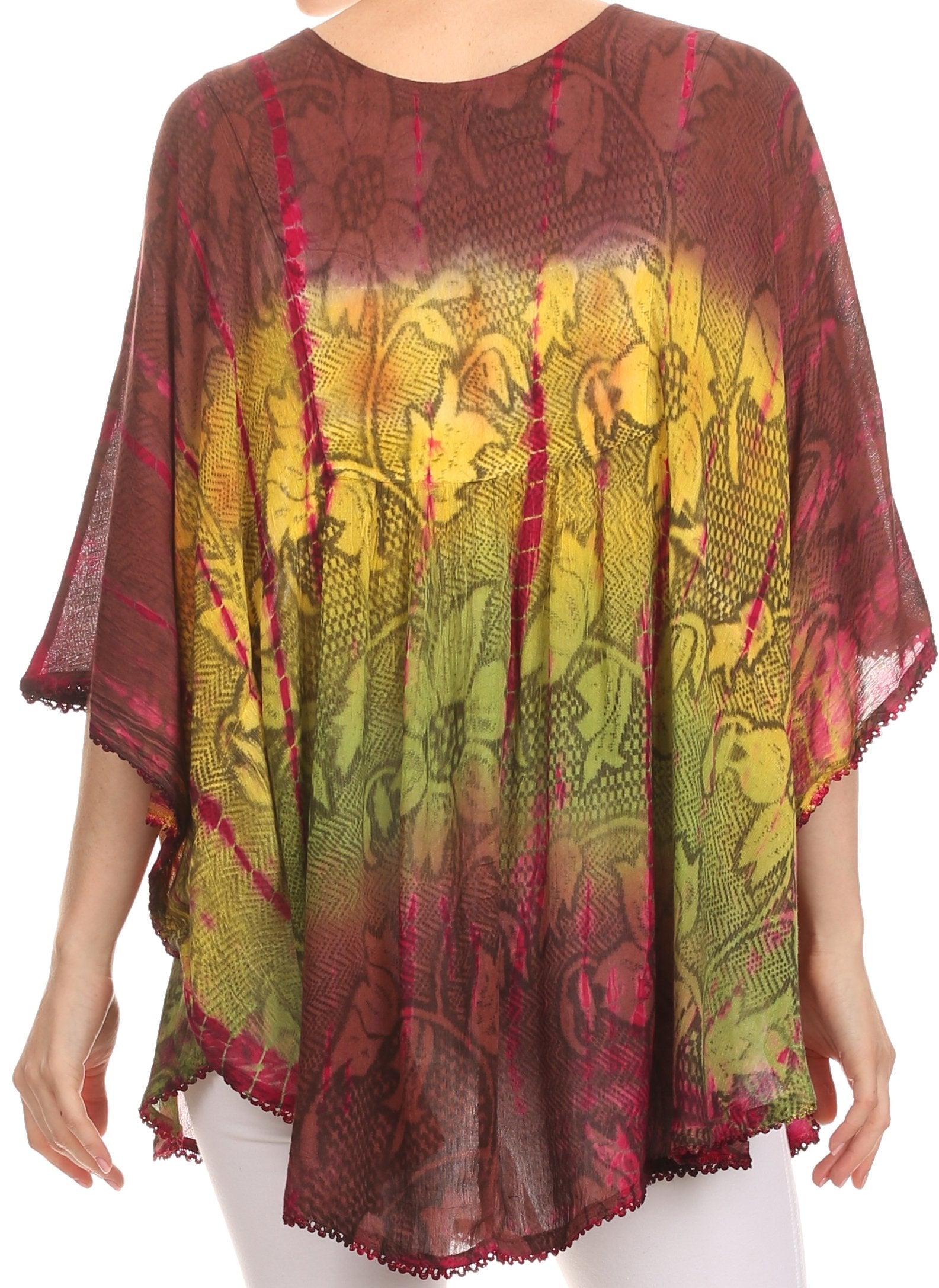 Sakkas Ellesa Ombre Tie Dye Circle Poncho Blouse Shirt Top With Sequin Embroidery - Concordia Style Boutique