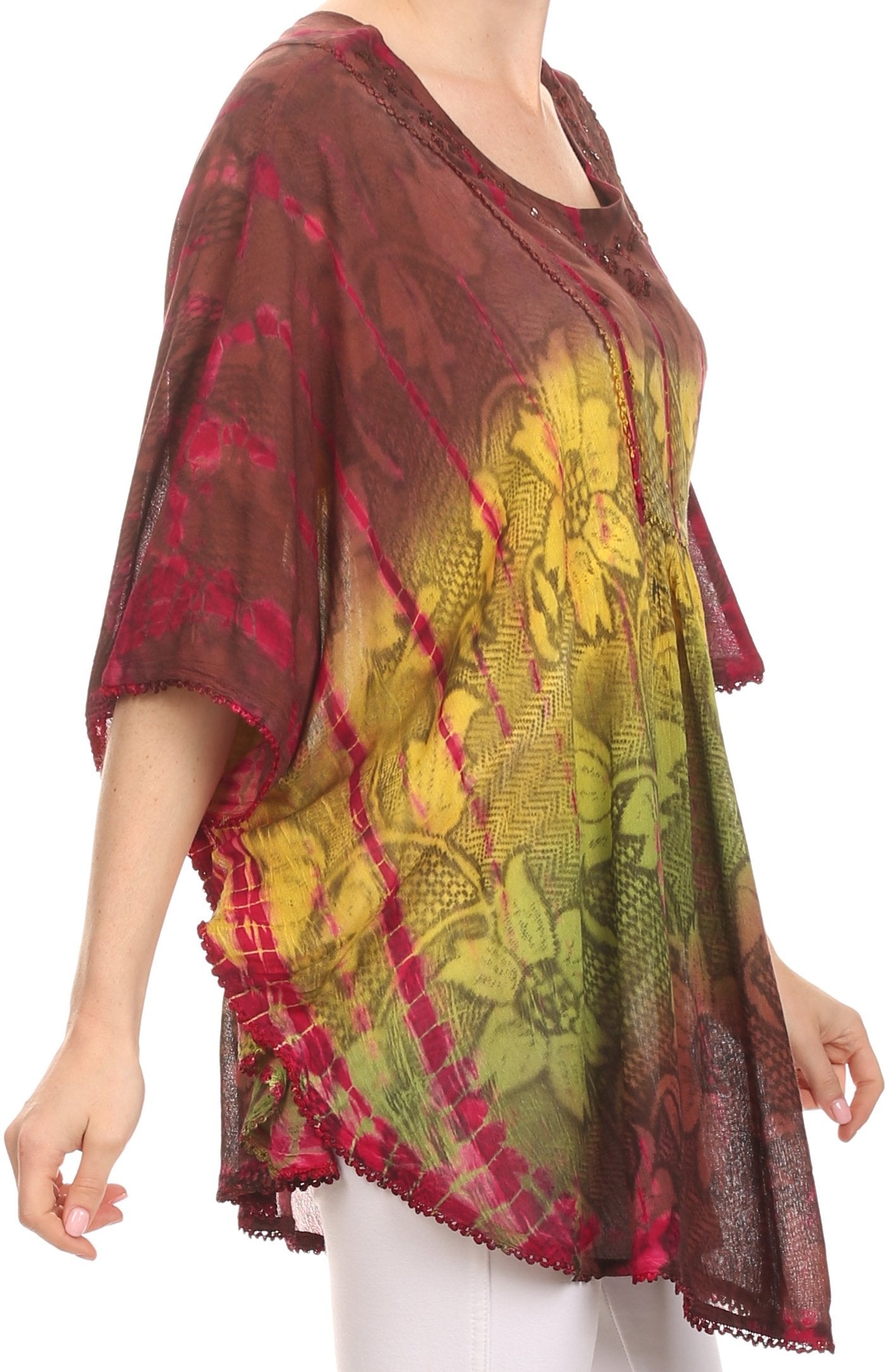 Sakkas Ellesa Ombre Tie Dye Circle Poncho Blouse Shirt Top With Sequin Embroidery - Concordia Style Boutique