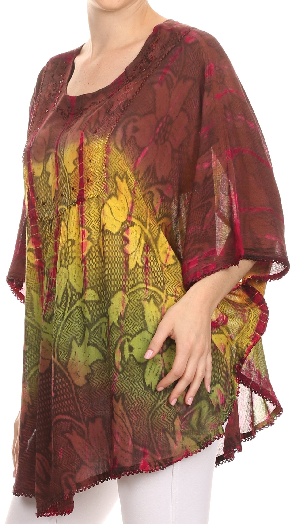 Sakkas Ellesa Ombre Tie Dye Circle Poncho Blouse Shirt Top With Sequin Embroidery - Concordia Style Boutique