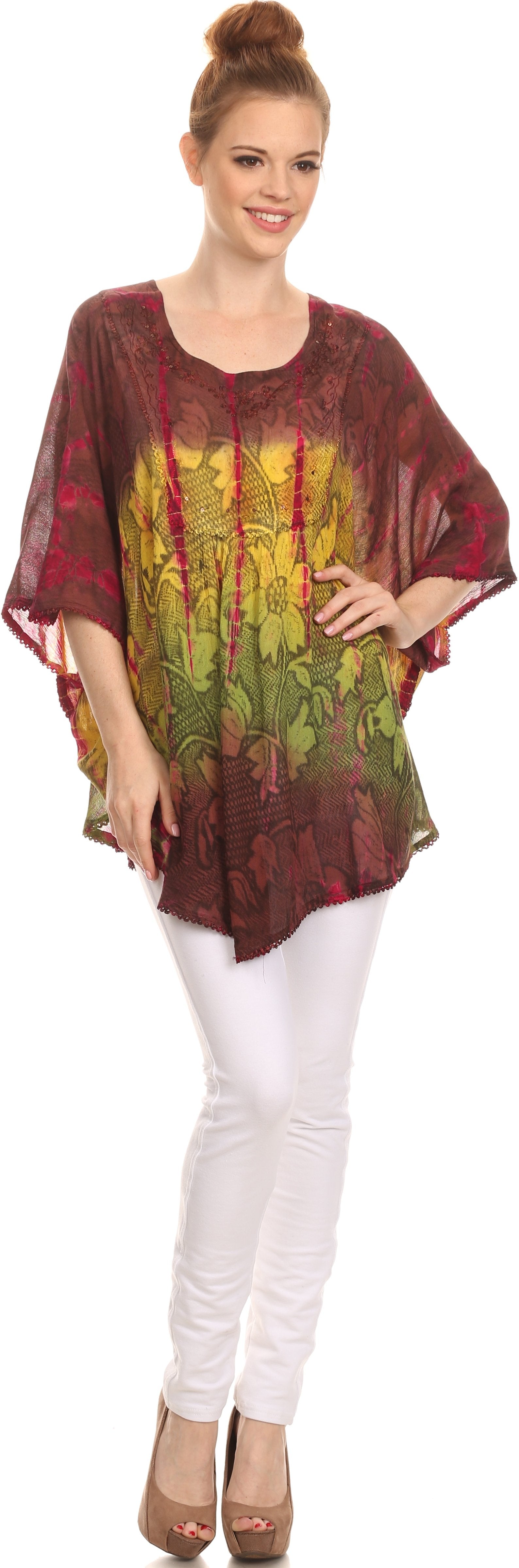 Sakkas Ellesa Ombre Tie Dye Circle Poncho Blouse Shirt Top With Sequin Embroidery - Concordia Style Boutique