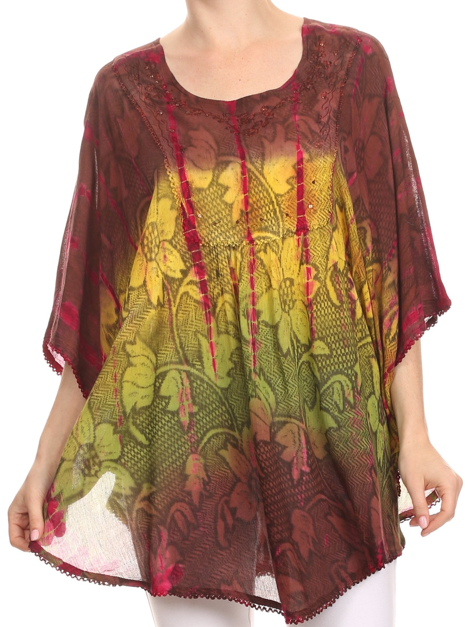 Sakkas Ellesa Ombre Tie Dye Circle Poncho Blouse Shirt Top With Sequin Embroidery - Concordia Style Boutique