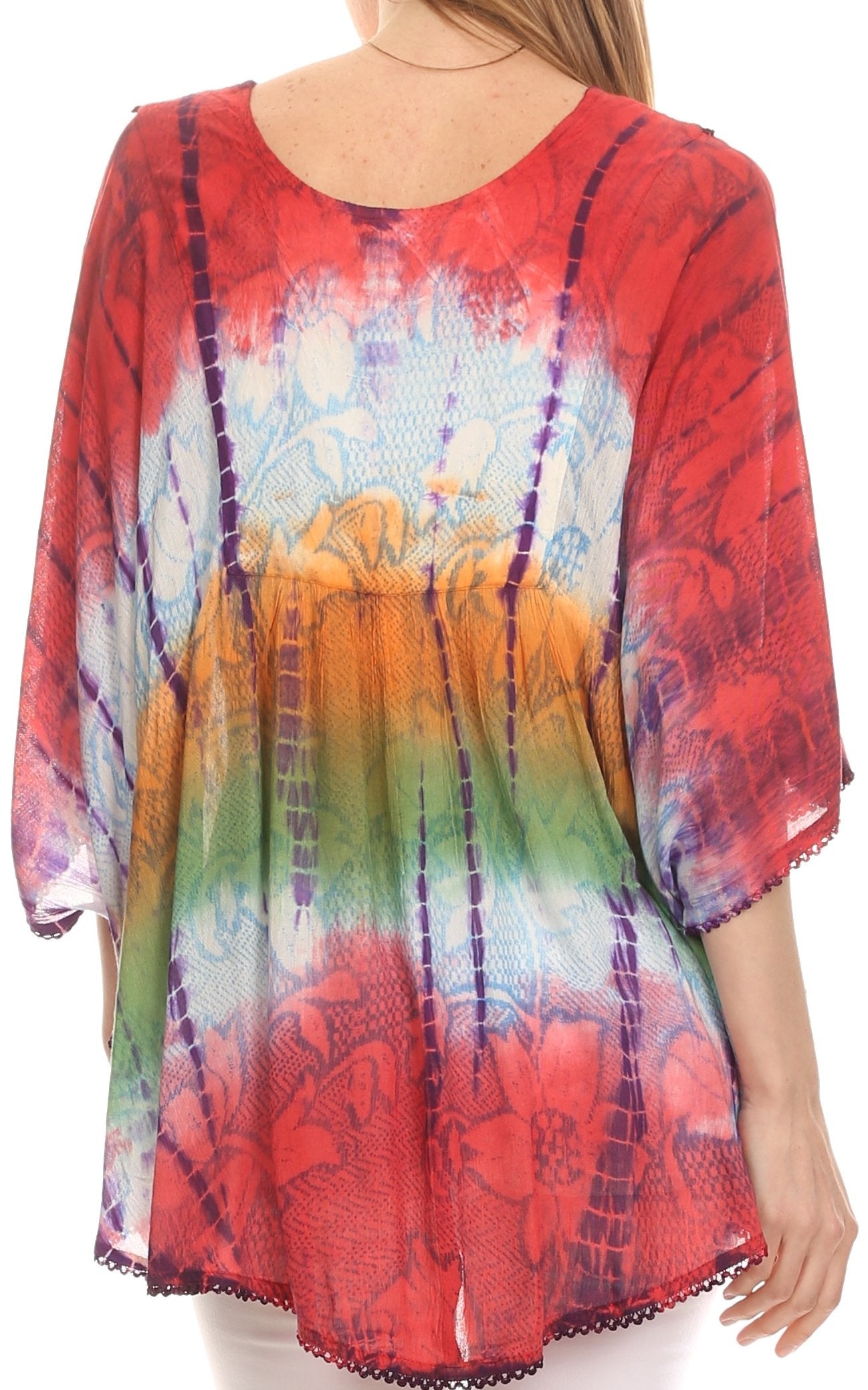 Sakkas Ellesa Ombre Tie Dye Circle Poncho Blouse Shirt Top With Sequin Embroidery - Concordia Style Boutique