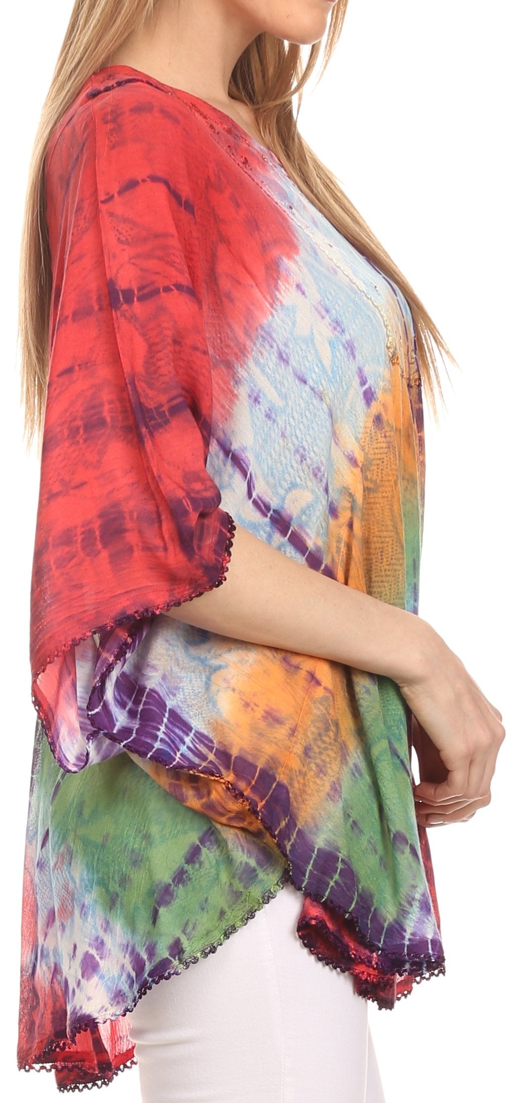 Sakkas Ellesa Ombre Tie Dye Circle Poncho Blouse Shirt Top With Sequin Embroidery - Concordia Style Boutique